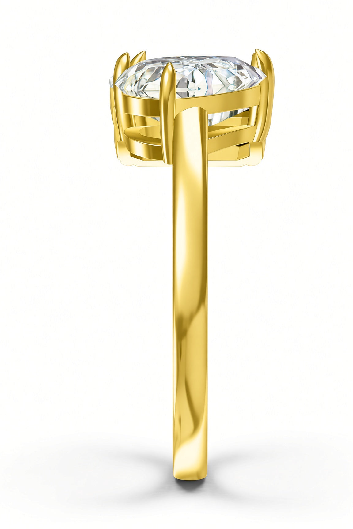 Side profile of toi et moi diamond ring showing the prong setting and slim gold band