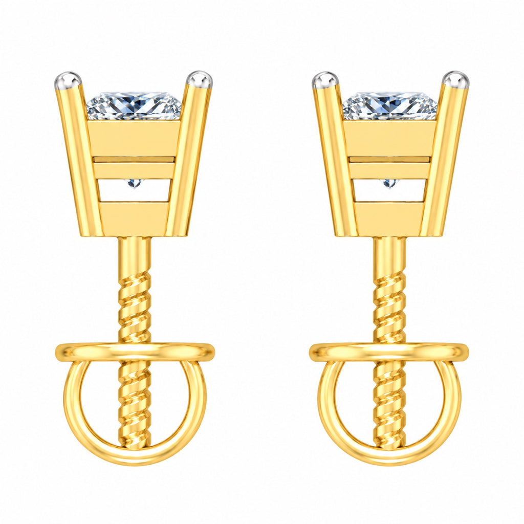 Side view of lab grown diamond stud earring showing prongs and screw back