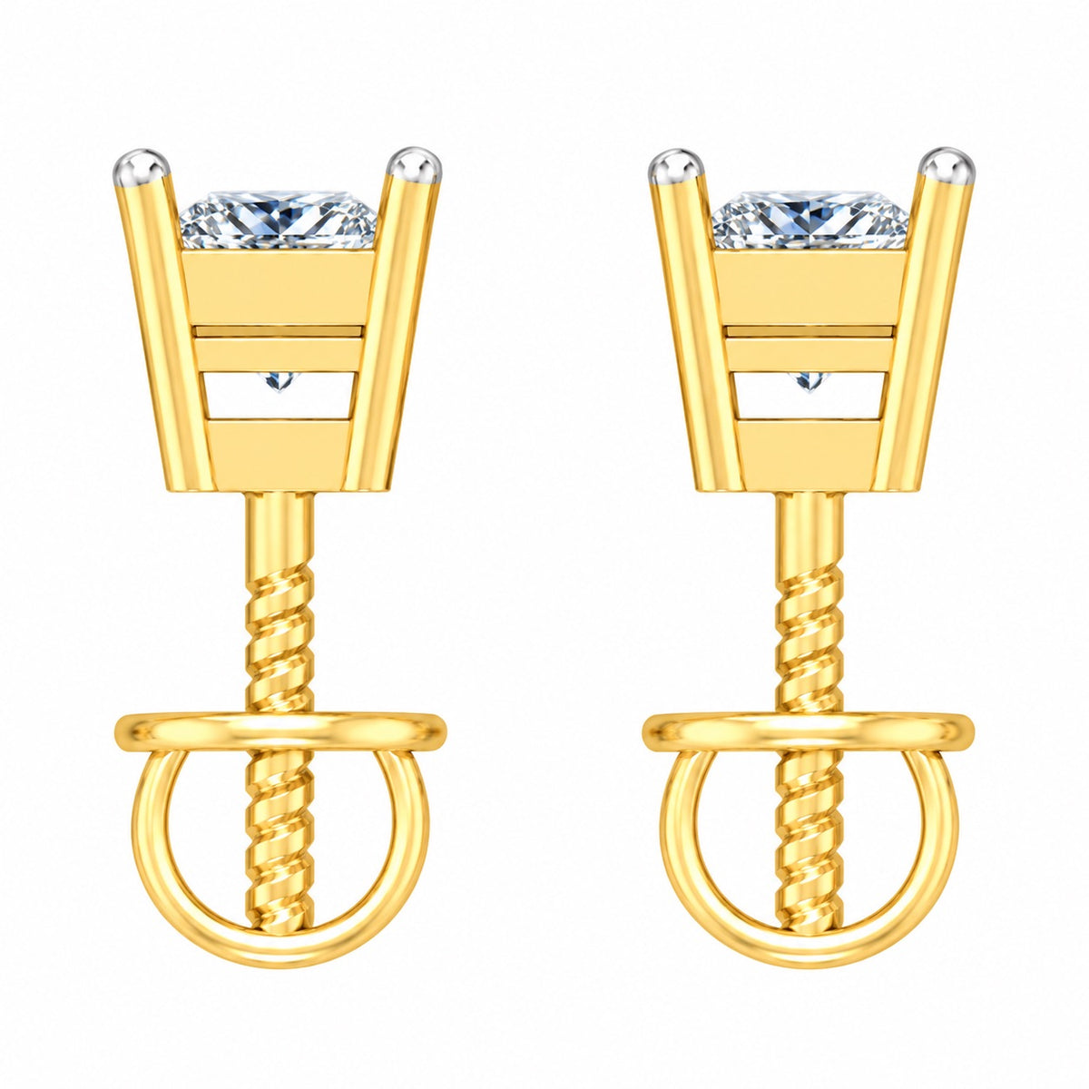 Side view of lab grown diamond stud earring showing prongs and screw back
