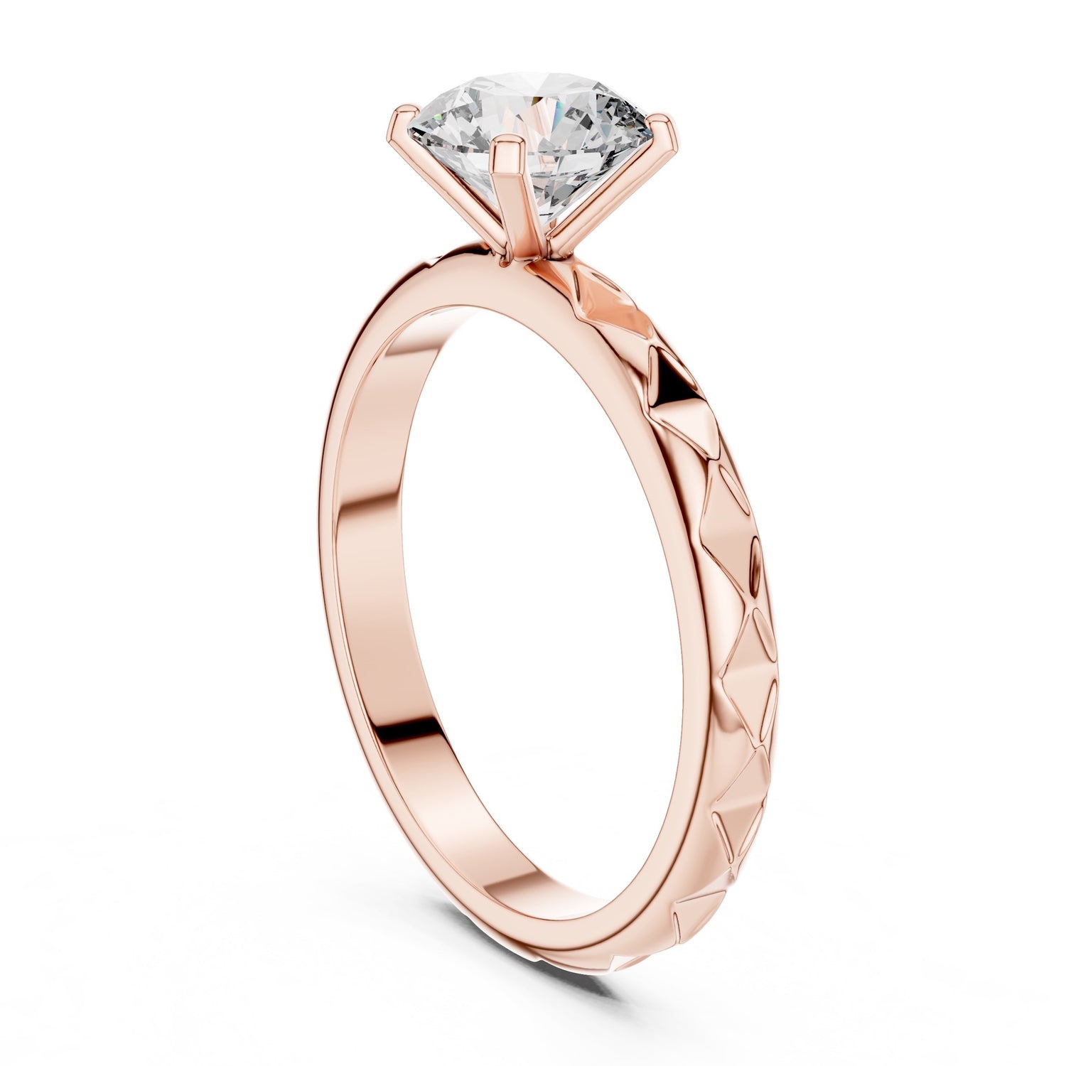 Rose gold ring with a diamond on a white background 
