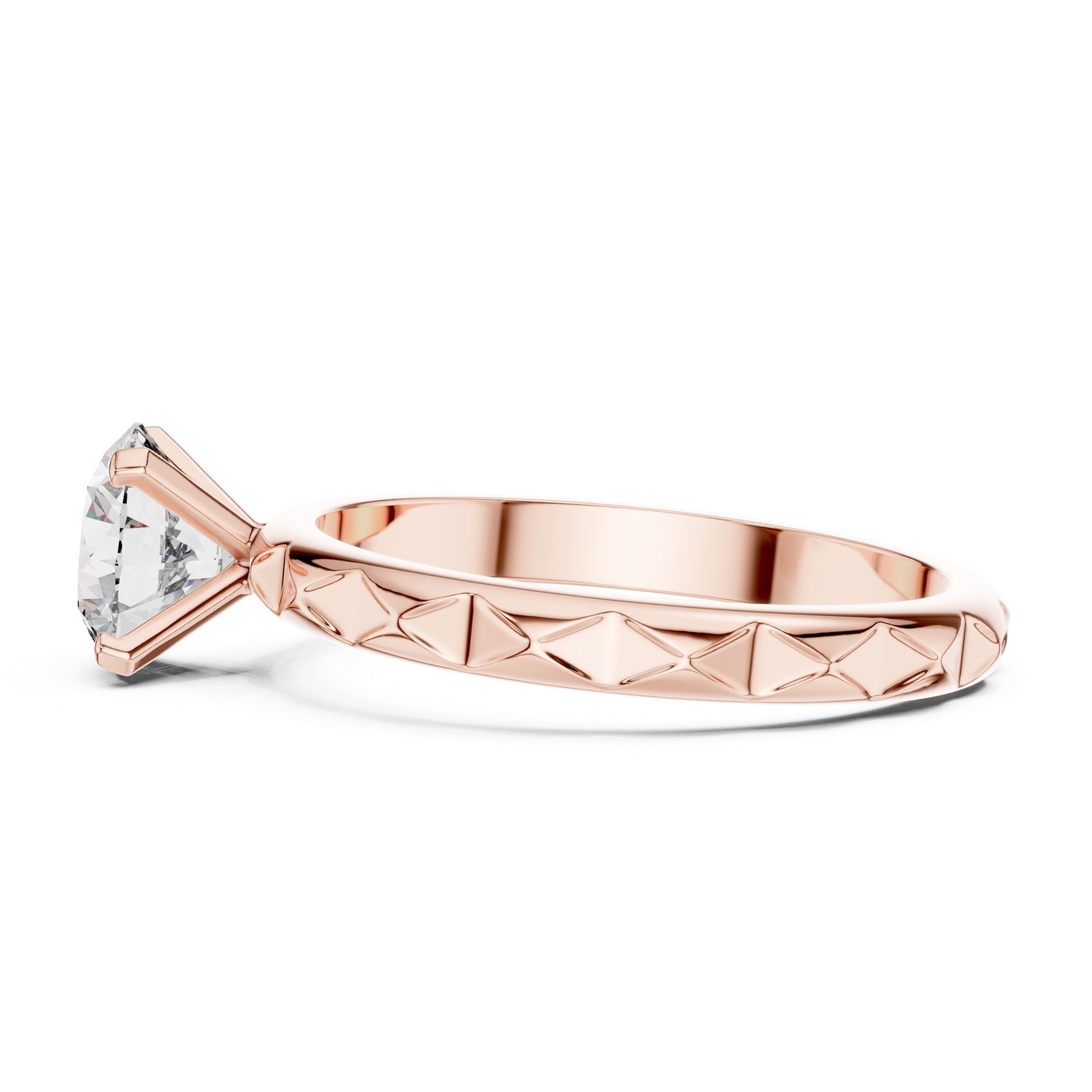 Rose gold ring with a diamond on a white background 