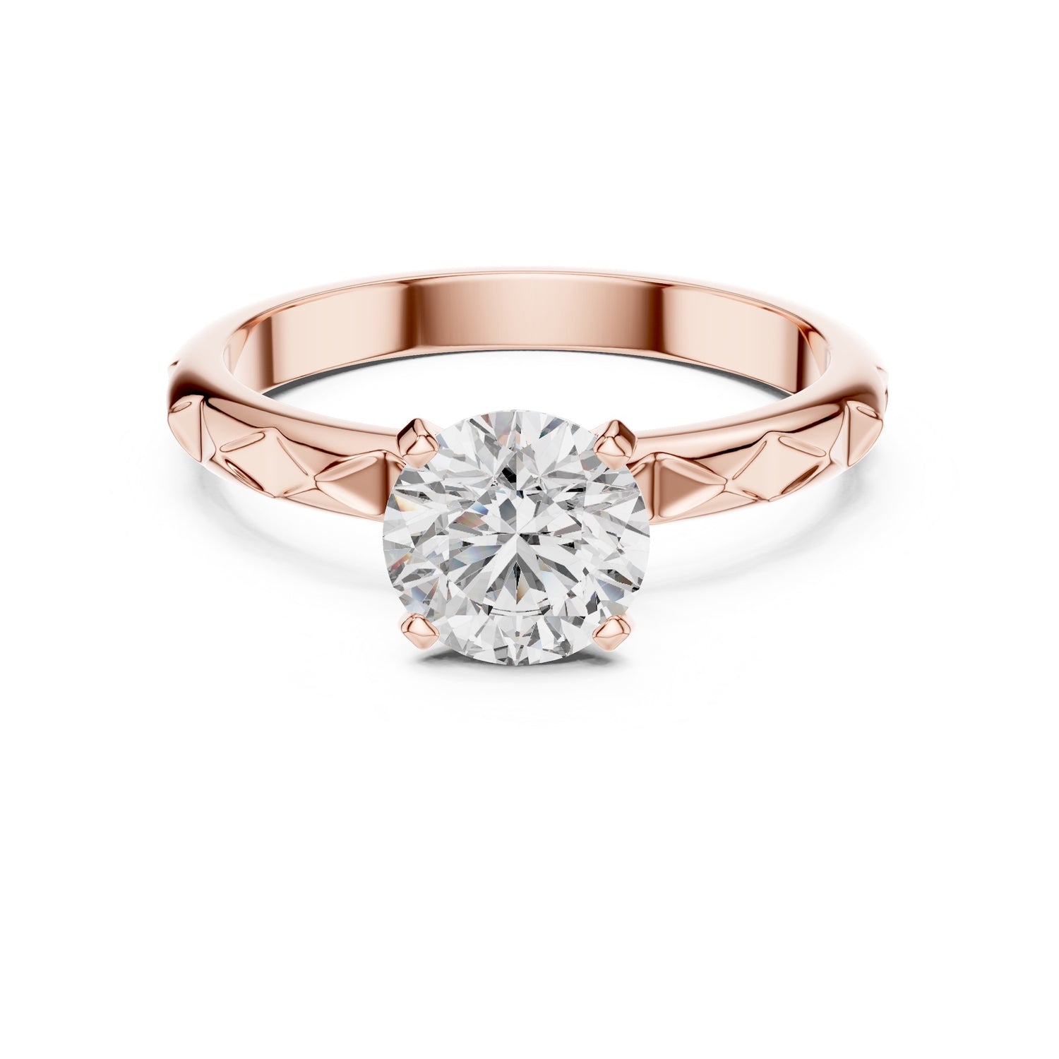 Rose gold ring with a diamond on a white background 