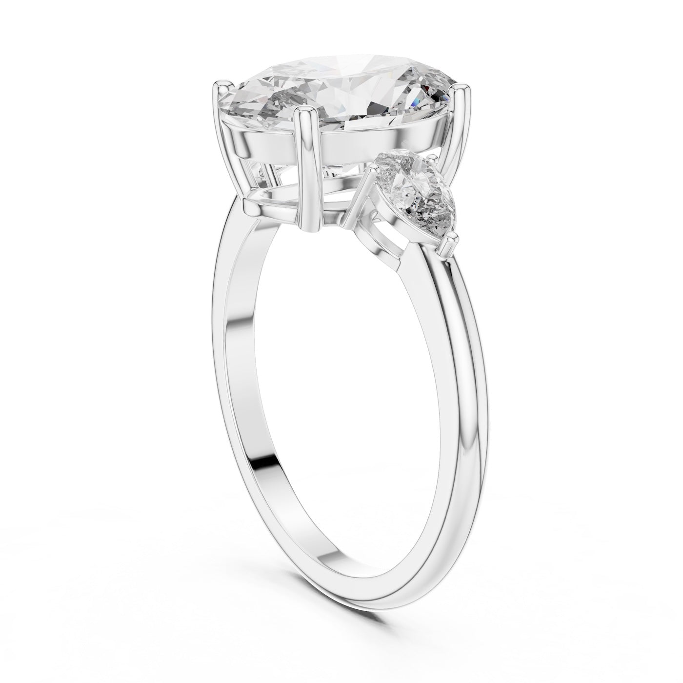 Silver ring with a oval-shaped center stone on a white background 