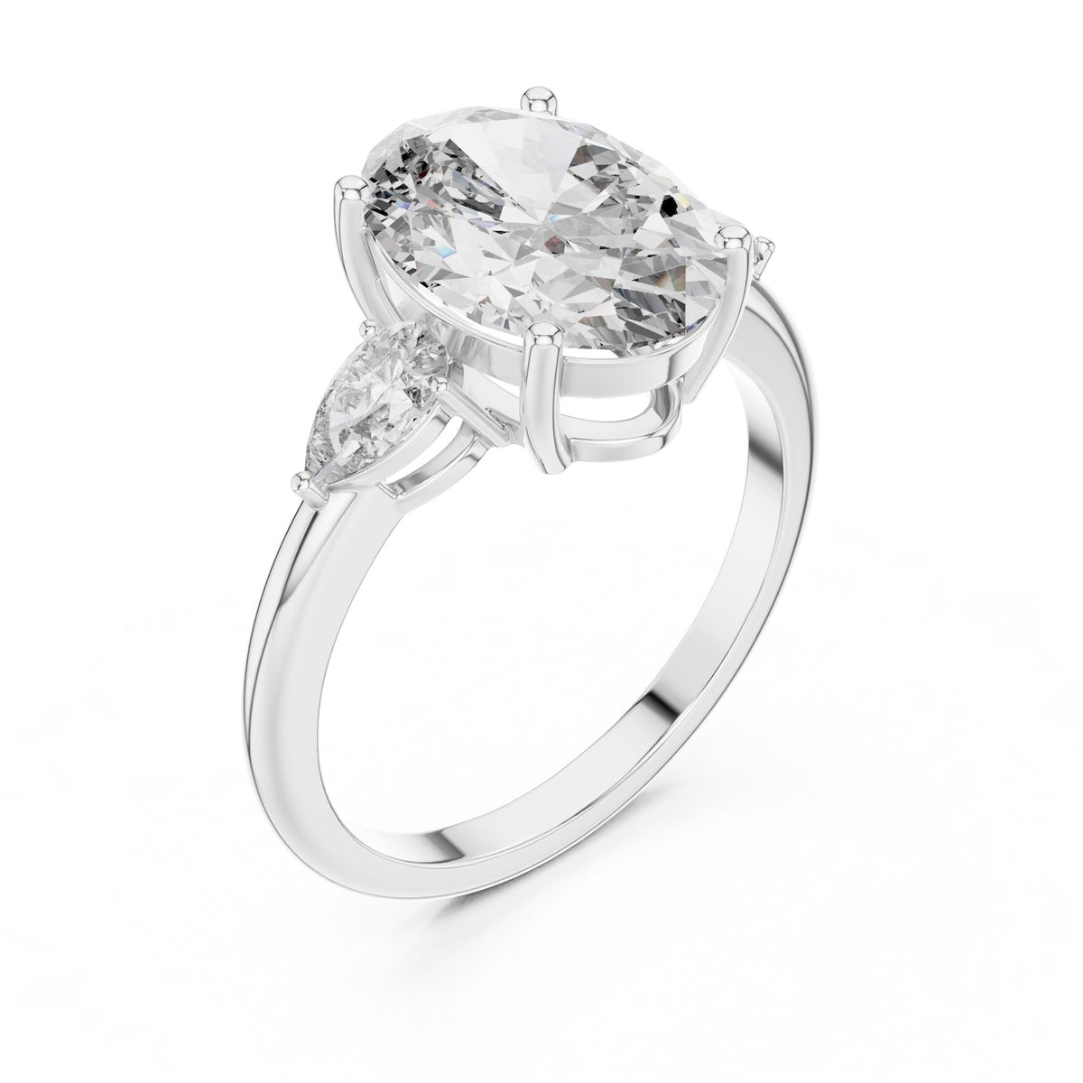 Silver ring with a oval-shaped center stone on a white background 