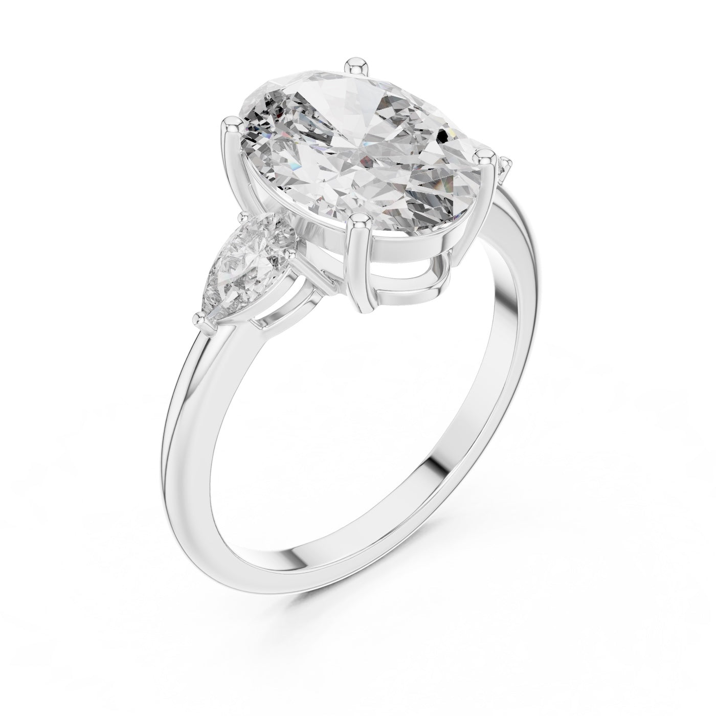 Silver ring with a oval-shaped center stone on a white background 