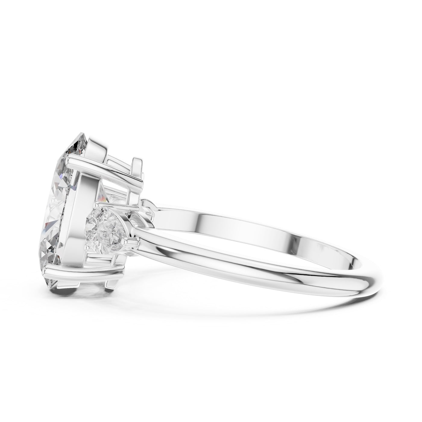 Silver ring with a oval-shaped center stone on a white background 