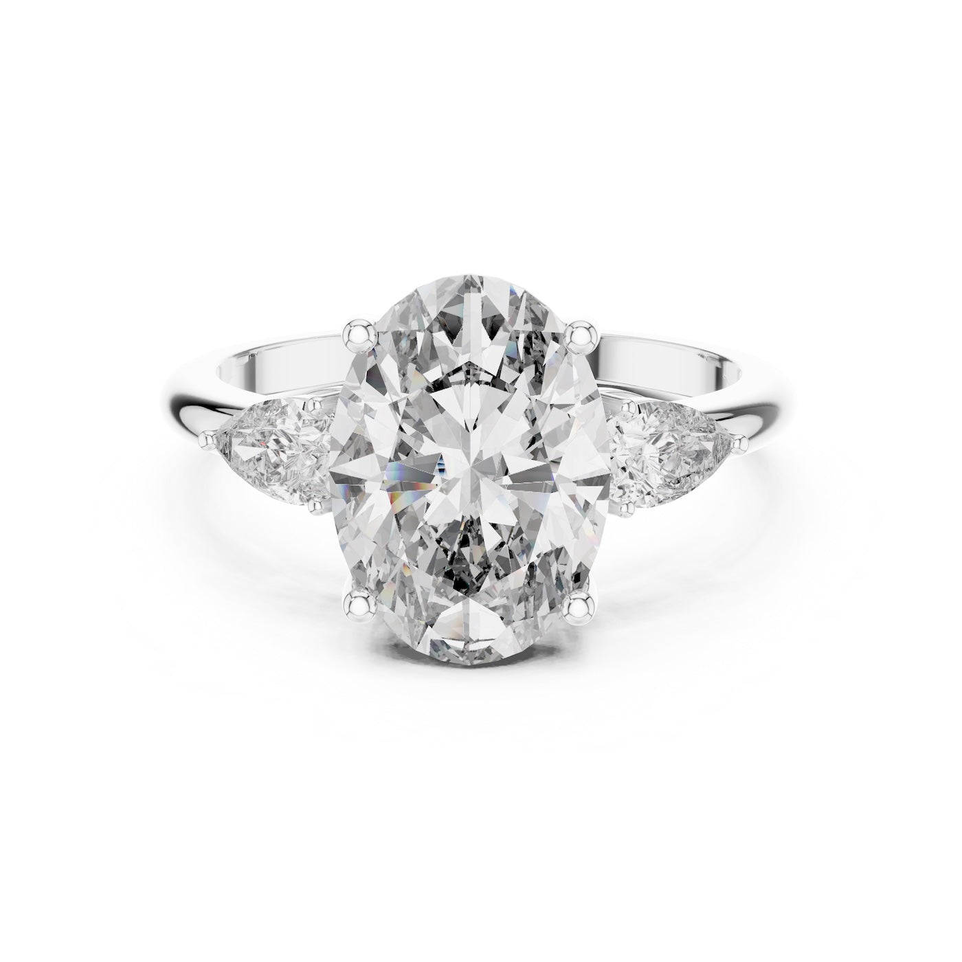 Silver ring with a oval-shaped center stone on a white background 