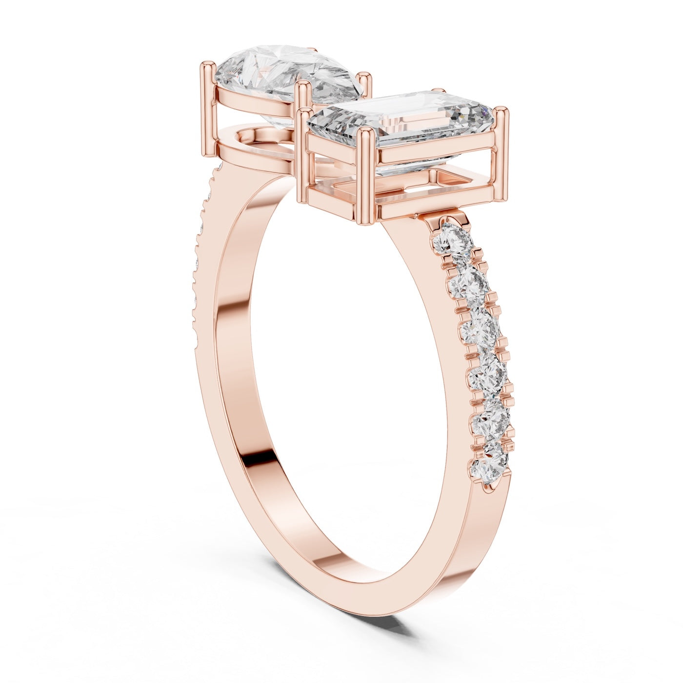 Two stone open rose-gold plated silver ring with different cut stones on a white background 