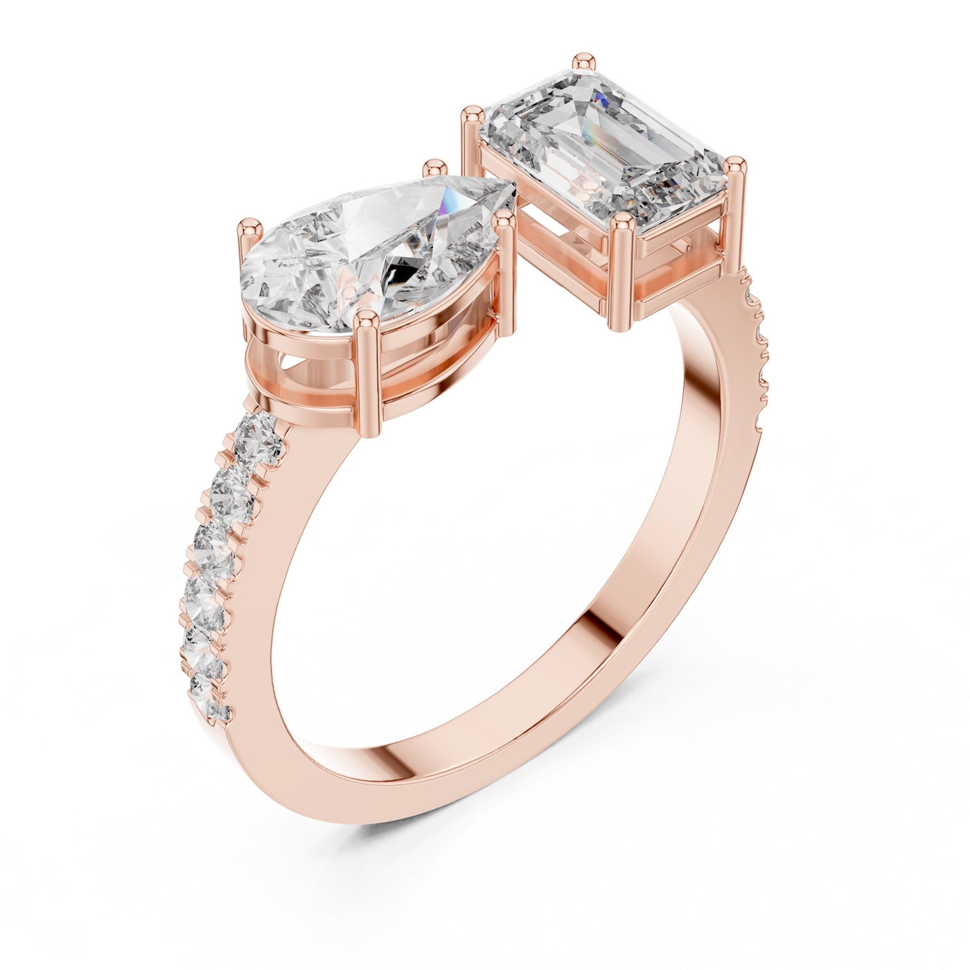 Two stone open rose-gold plated silver ring with different cut stones on a white background 