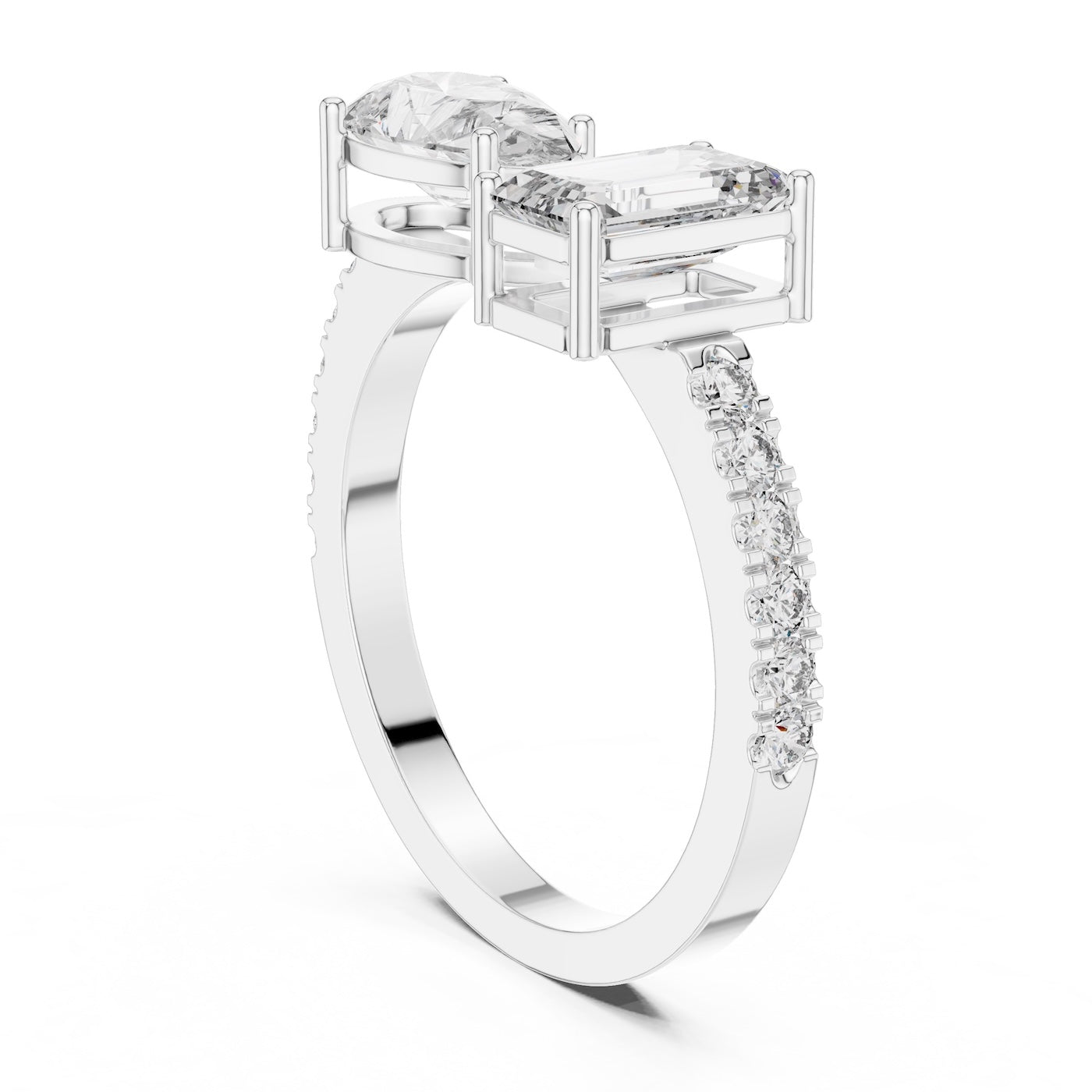 Two stone open silver ring with different cut stones on a white background 