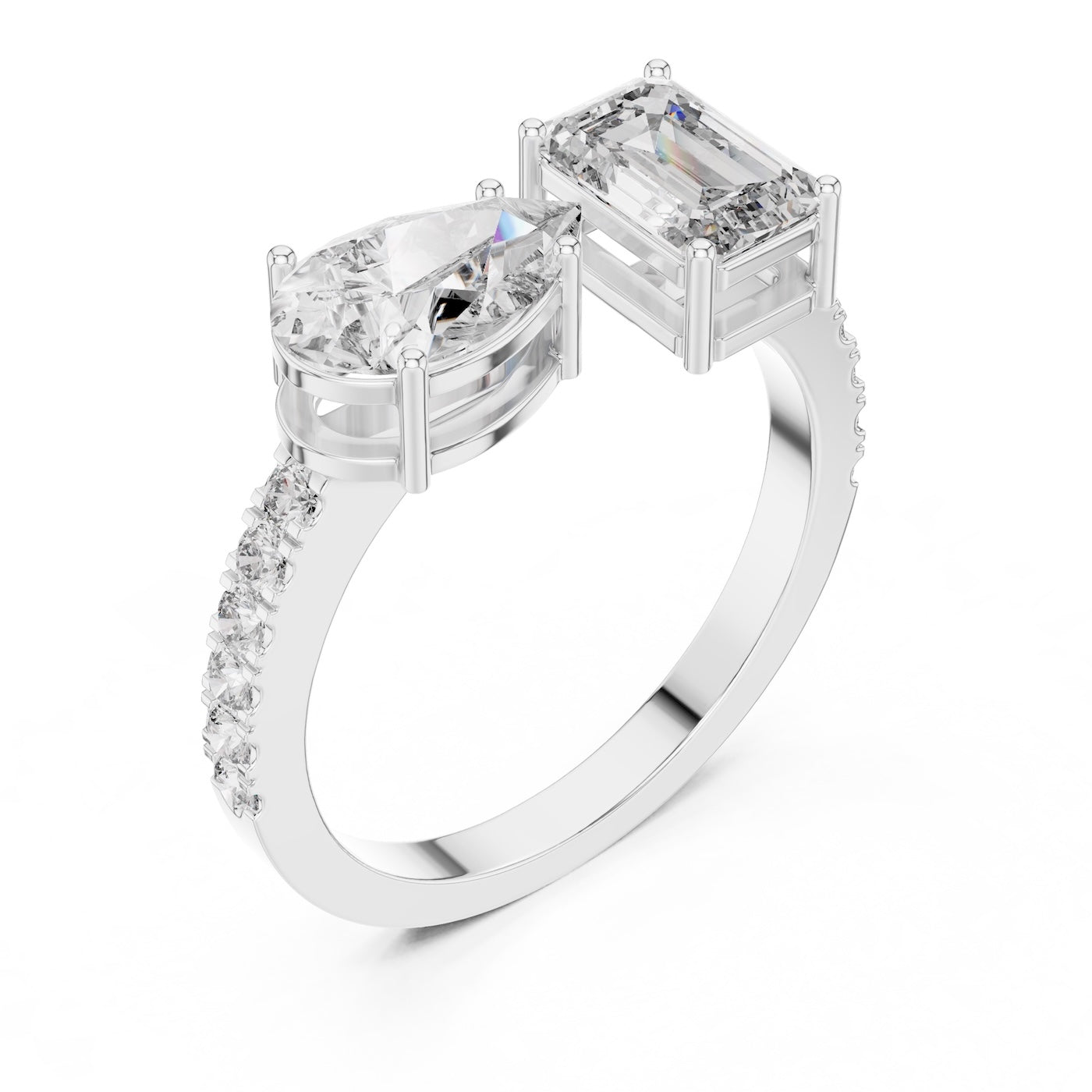 Two stone open silver ring with different cut stones on a white background 