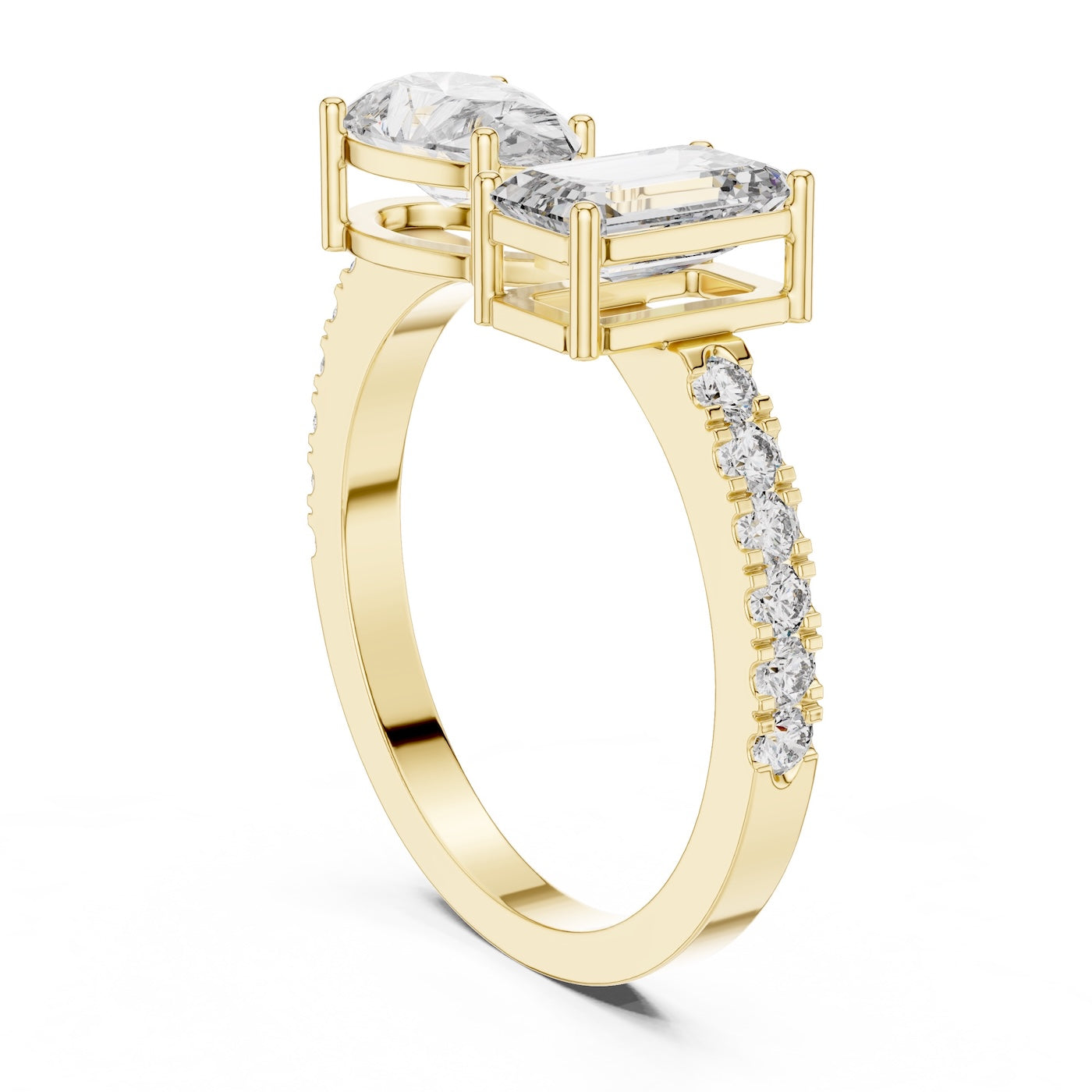 Two stone open gold plated silver ring with different cut stones on a white background 