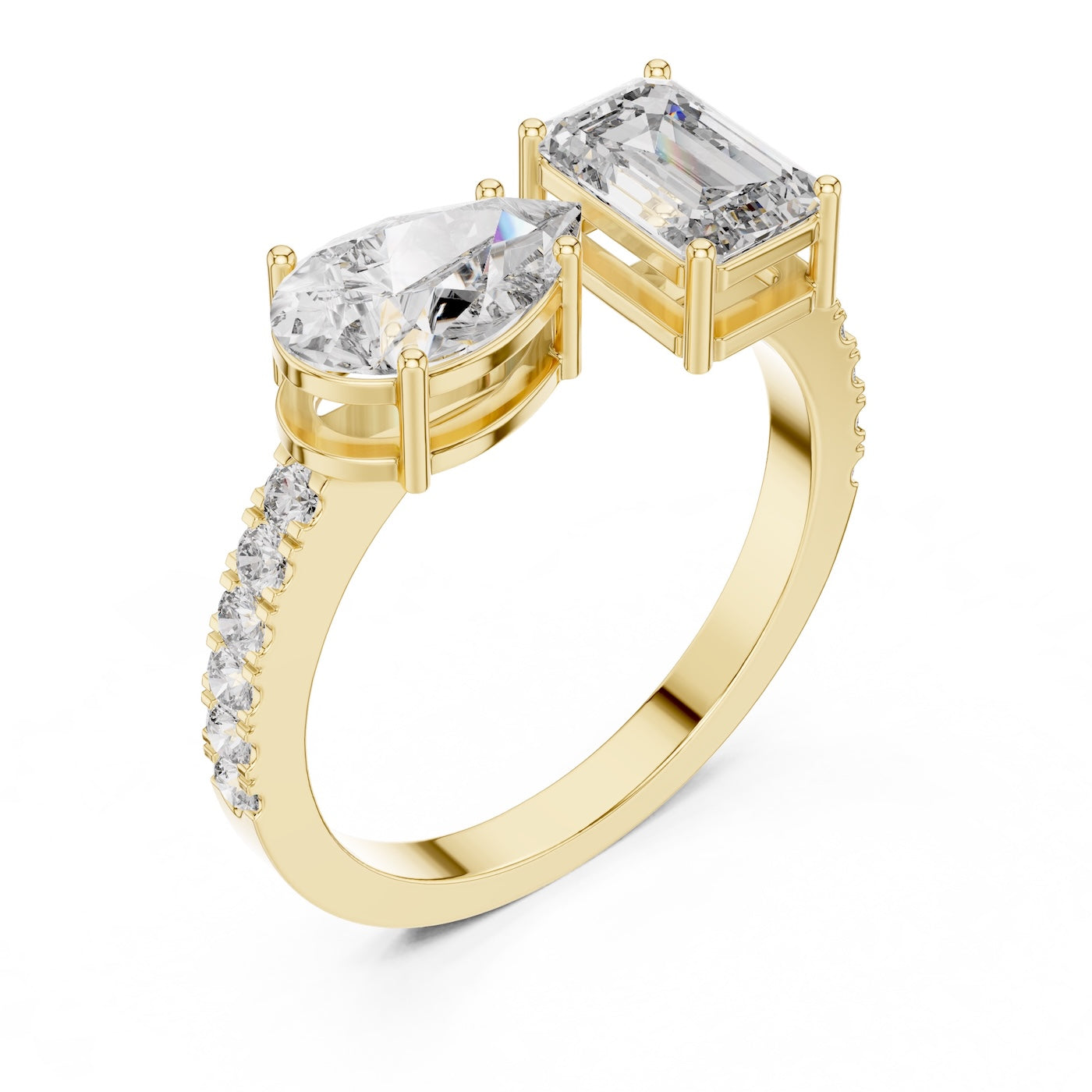 Two stone open gold plated silver ring with different cut stones on a white background 