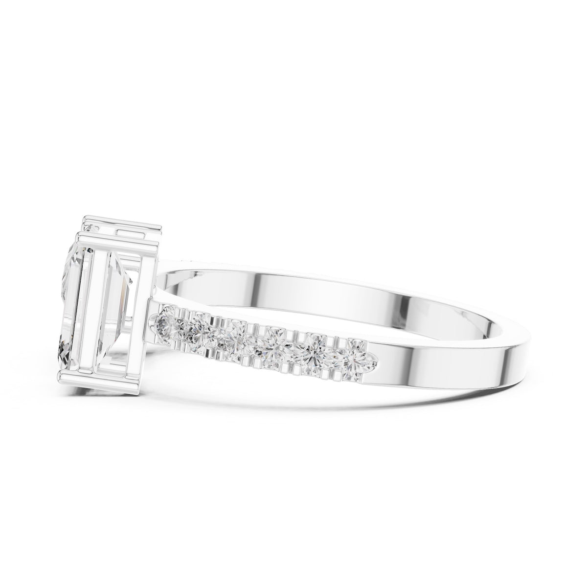 Two stone open silver ring with different cut stones on a white background 