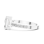 Two stone open silver ring with different cut stones on a white background 