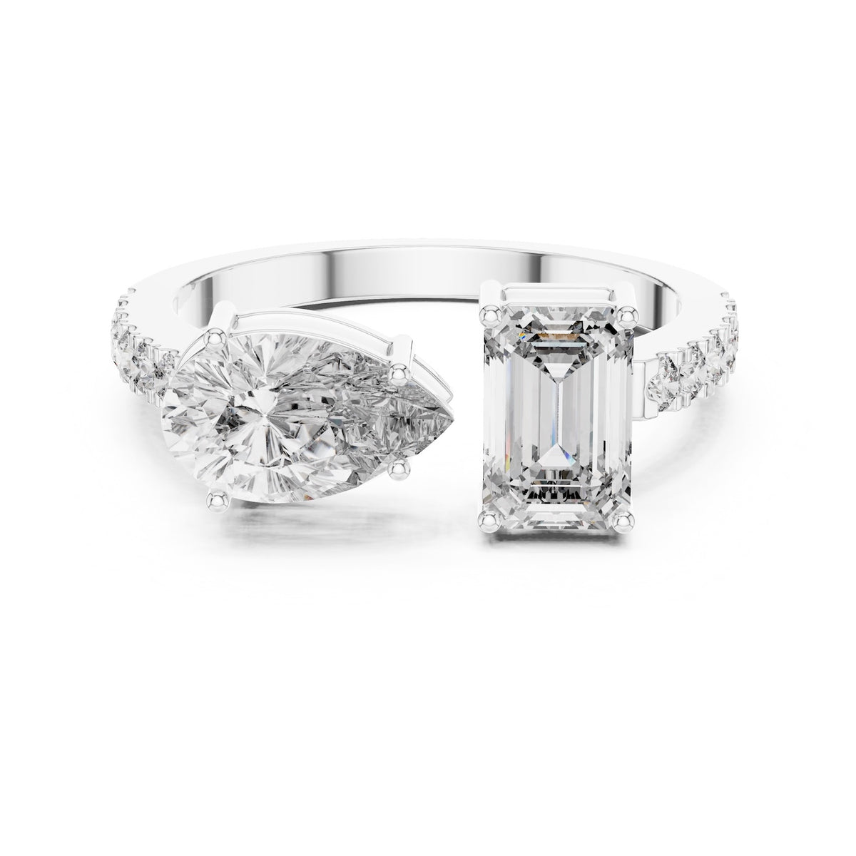 Two stone open silver ring with different cut stones on a white background 