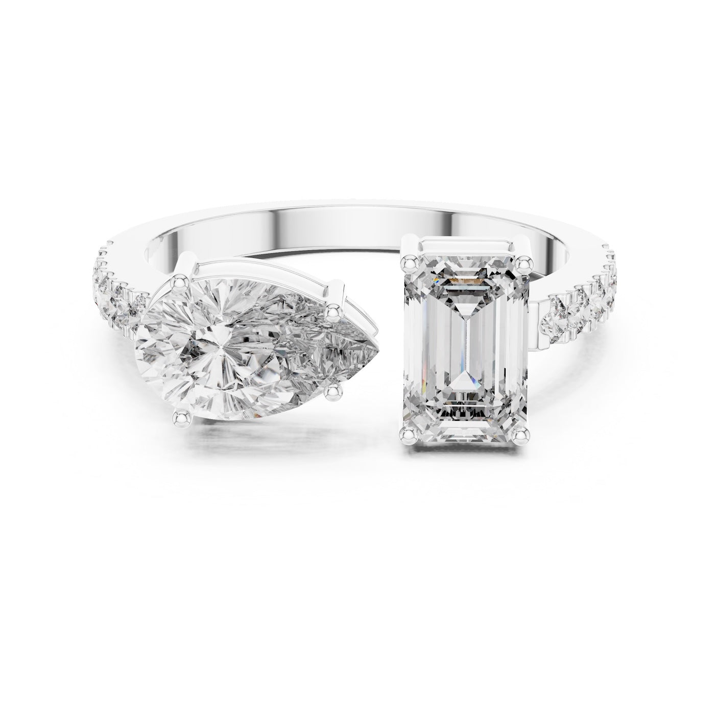 Two stone open silver ring with different cut stones on a white background 