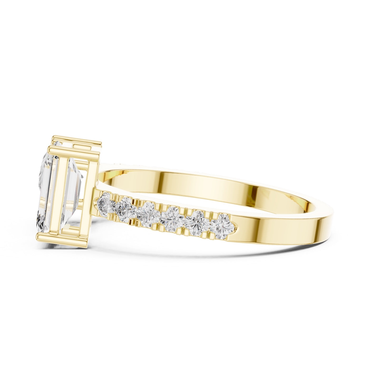 Two stone open gold plated silver ring with different cut stones on a white background 