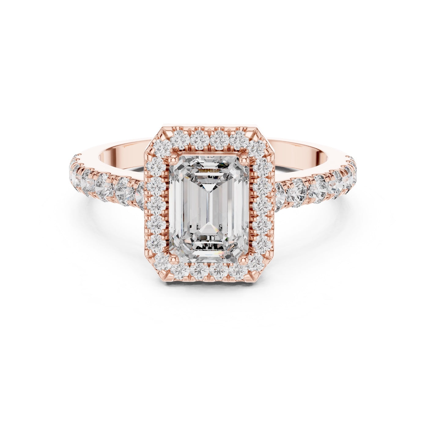 Rose-gold plated Silver ring with a central emerald-cut stone and halo on a white background 