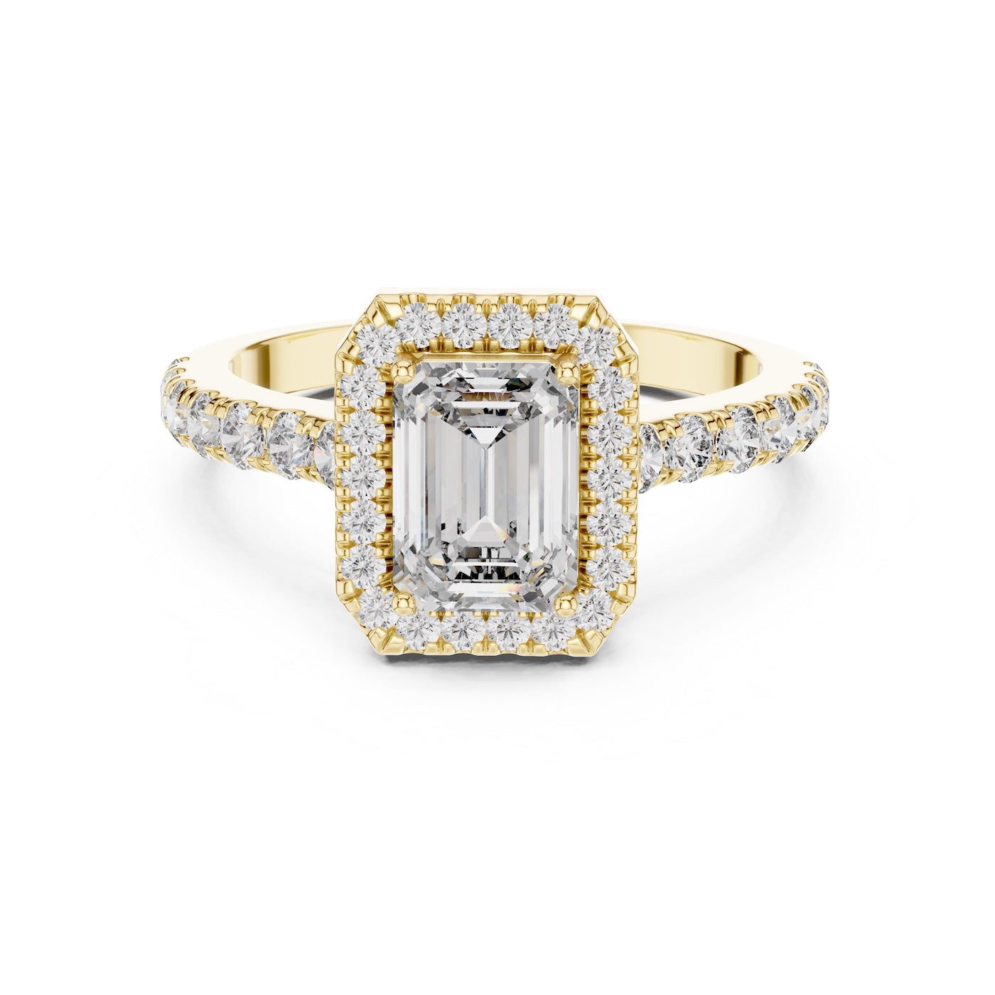 gold plated Silver ring with a central emerald-cut stone and halo on a white background #yellow-gold