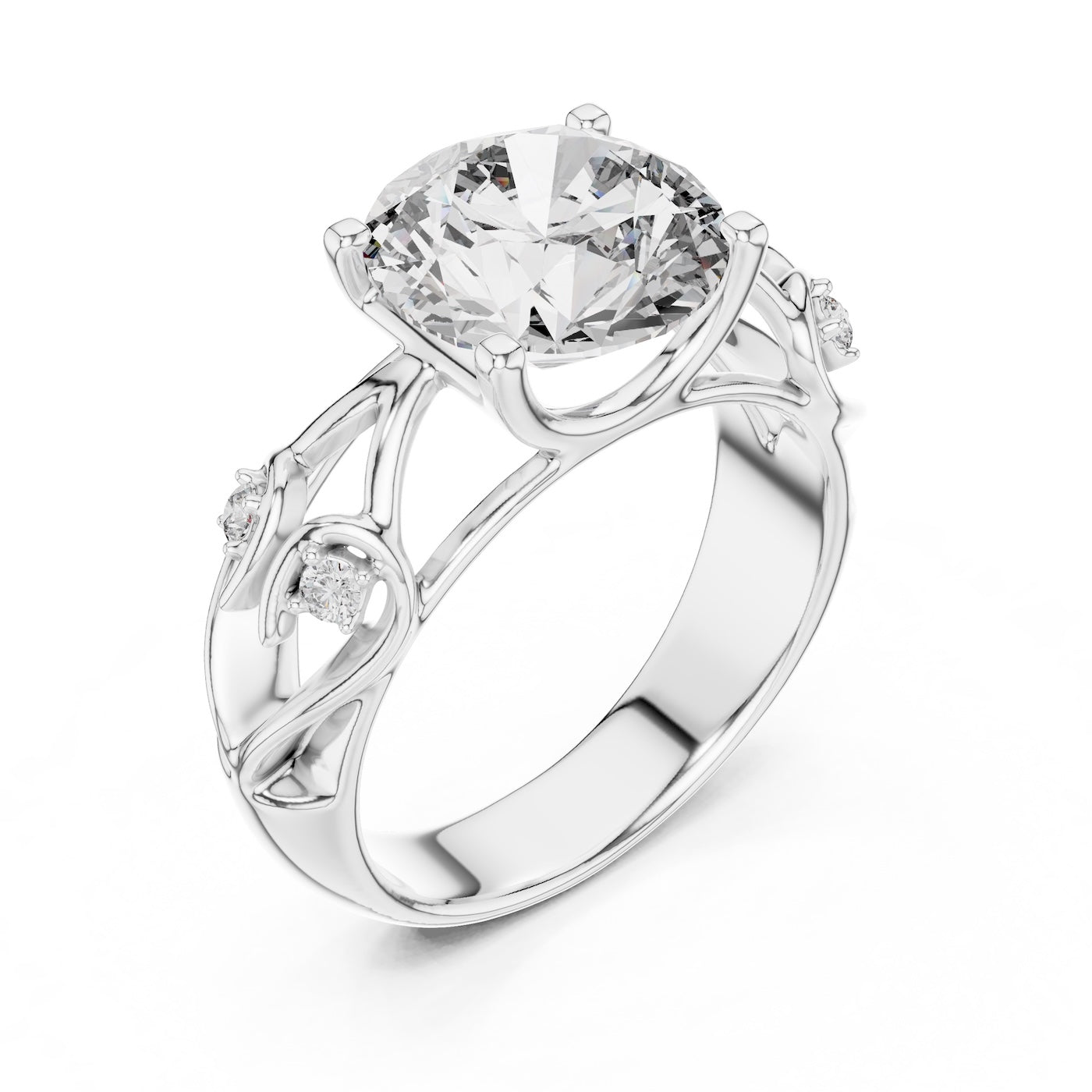 Silver ring with a large central gemstone and smaller stones on a white background 