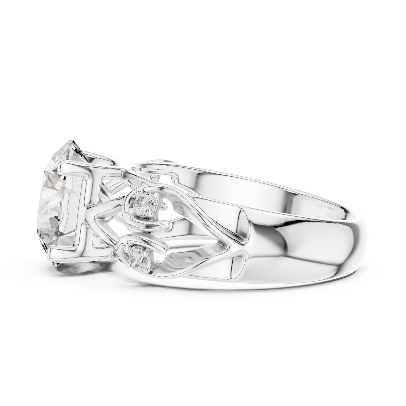 Silver ring with a large central gemstone and smaller stones on a white background 