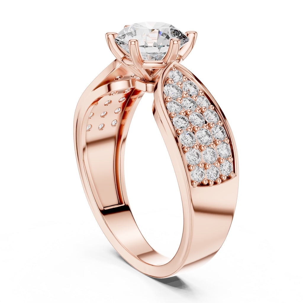 Rose-gold plated Silver ring with a large central zirconia and smaller stones on the sides against a white background #rose-gold