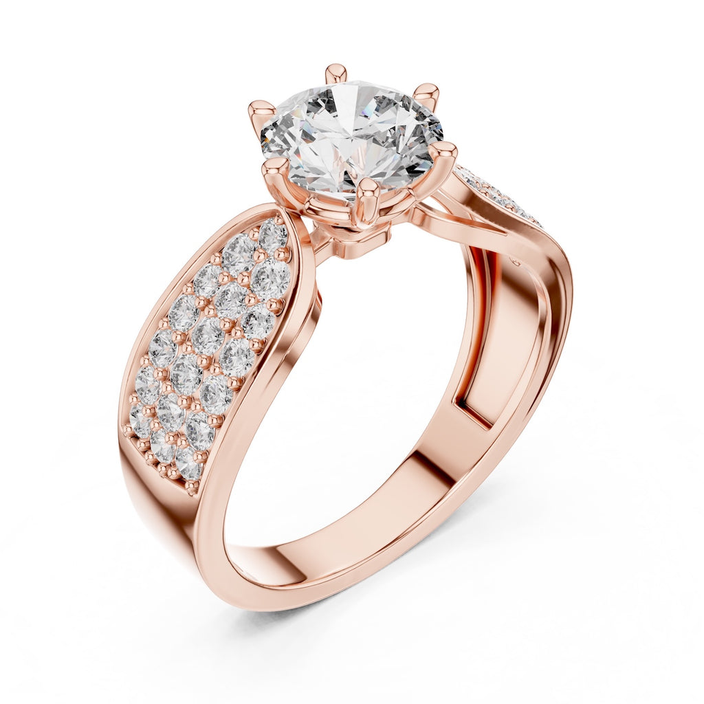 Rose-gold plated Silver ring with a large central zirconia and smaller stones on the sides against a white background #rose-gold