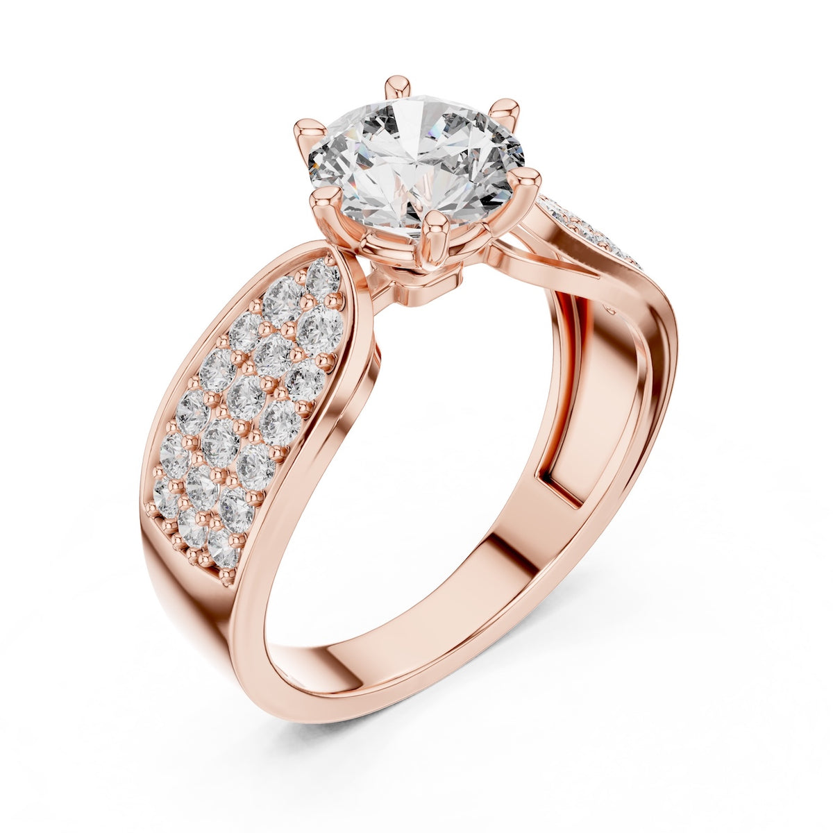 Rose-gold plated Silver ring with a large central zirconia and smaller stones on the sides against a white background #rose-gold