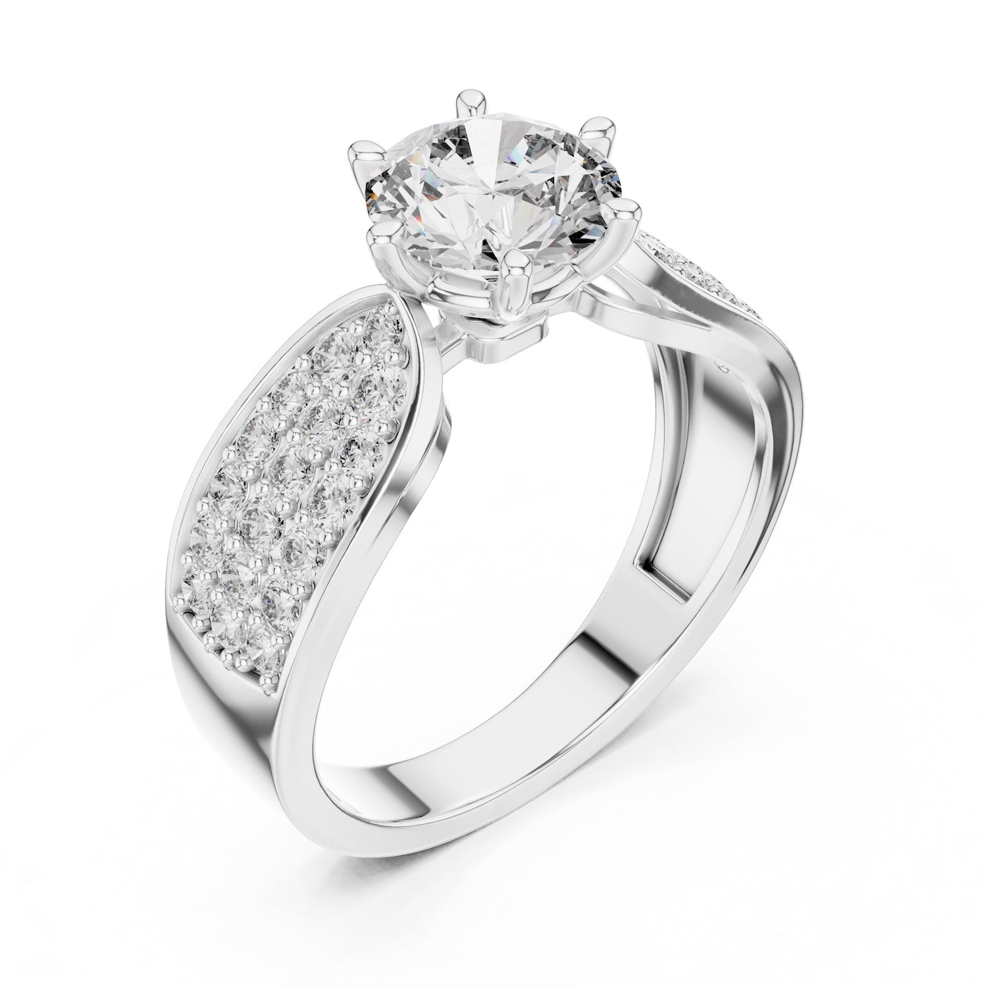 Silver ring with a large central zirconia and smaller stones on the sides against a white background 