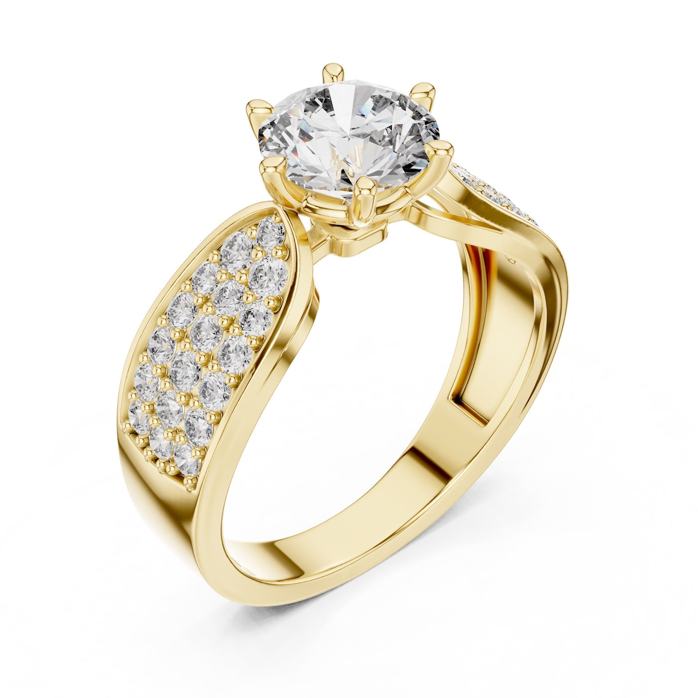 gold plated Silver ring with a large central zirconia and smaller stones on the sides against a white background 