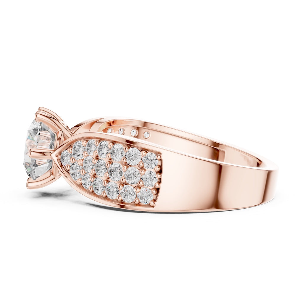 Rose-gold plated Silver ring with a large central zirconia and smaller stones on the sides against a white background #rose-gold