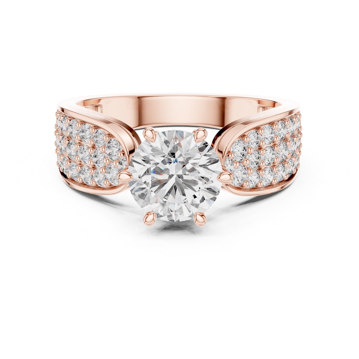 Rose-gold plated Silver ring with a large central zirconia and smaller stones on the sides against a white background #rose-gold