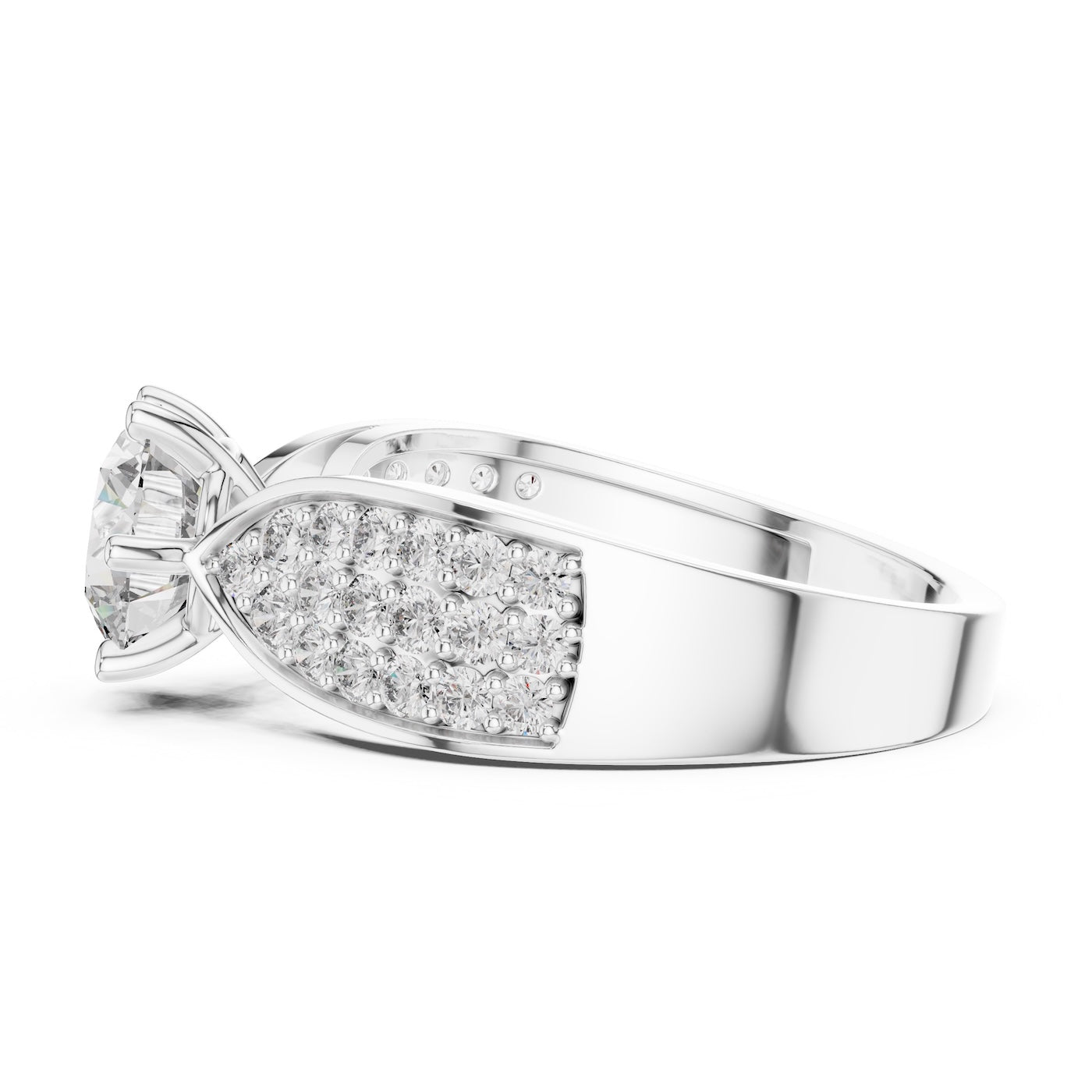 Silver ring with a large central zirconia and smaller stones on the sides against a white background 