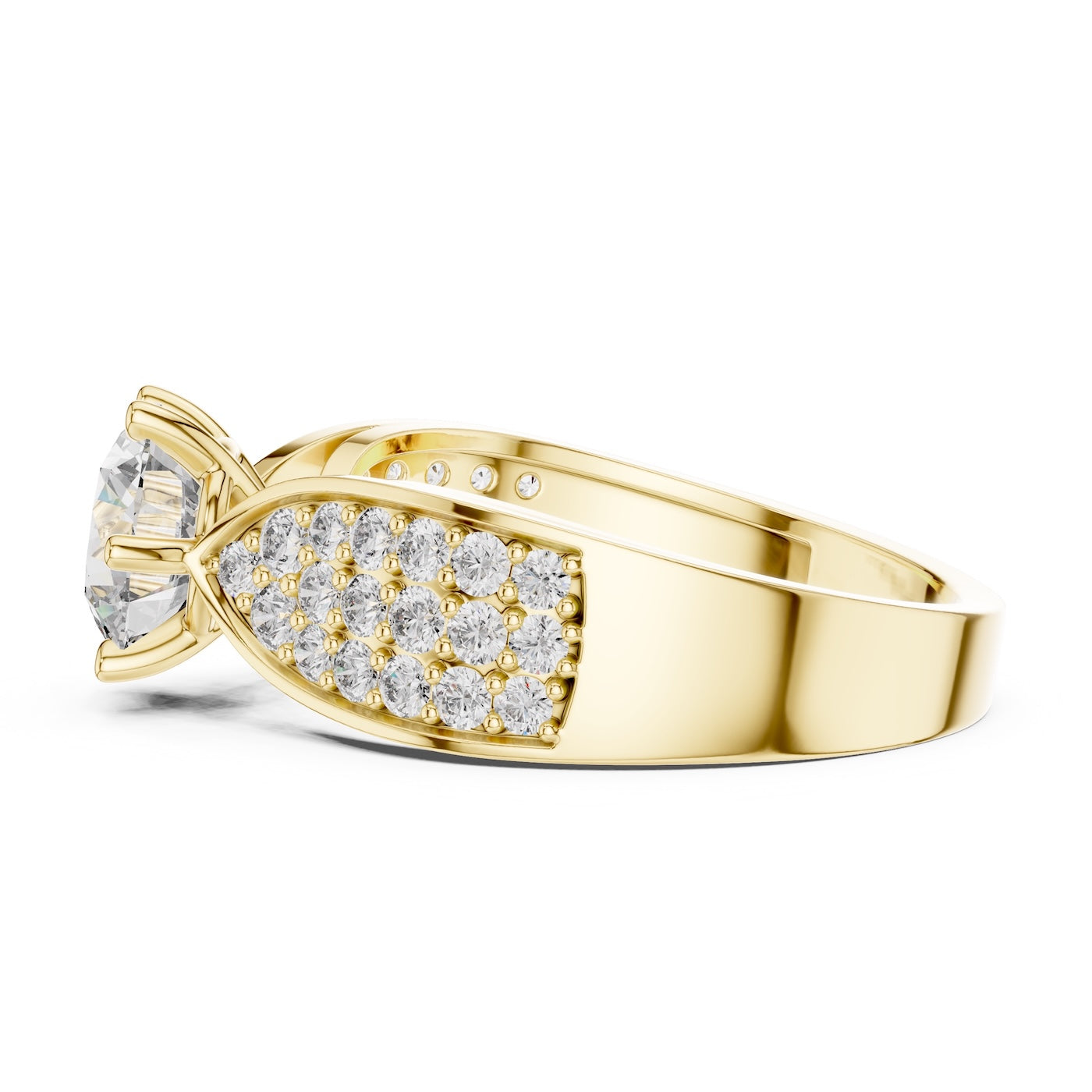 gold plated Silver ring with a large central zirconia and smaller stones on the sides against a white background 