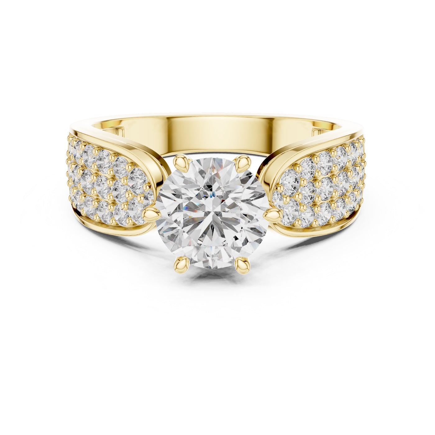 gold plated Silver ring with a large central zirconia and smaller stones on the sides against a white background 