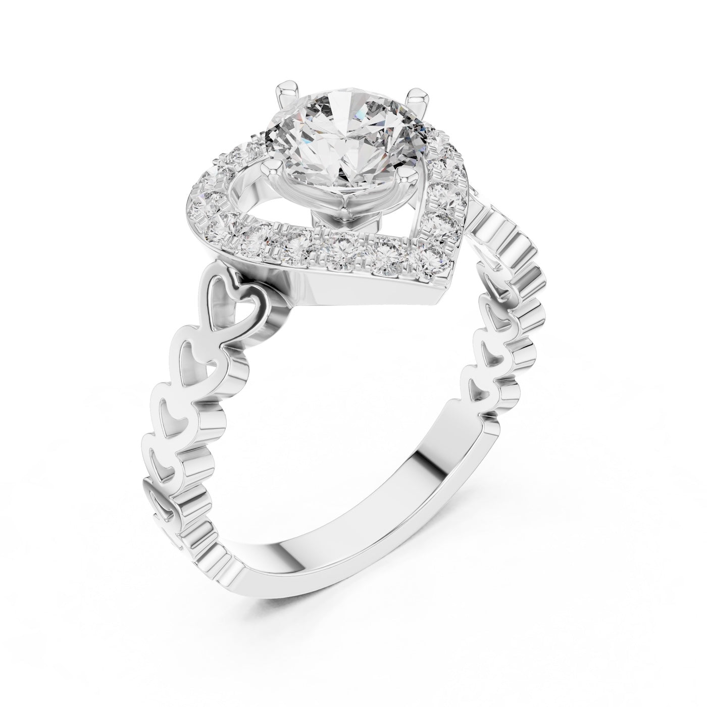 Heart-shaped silver ring with a white background 