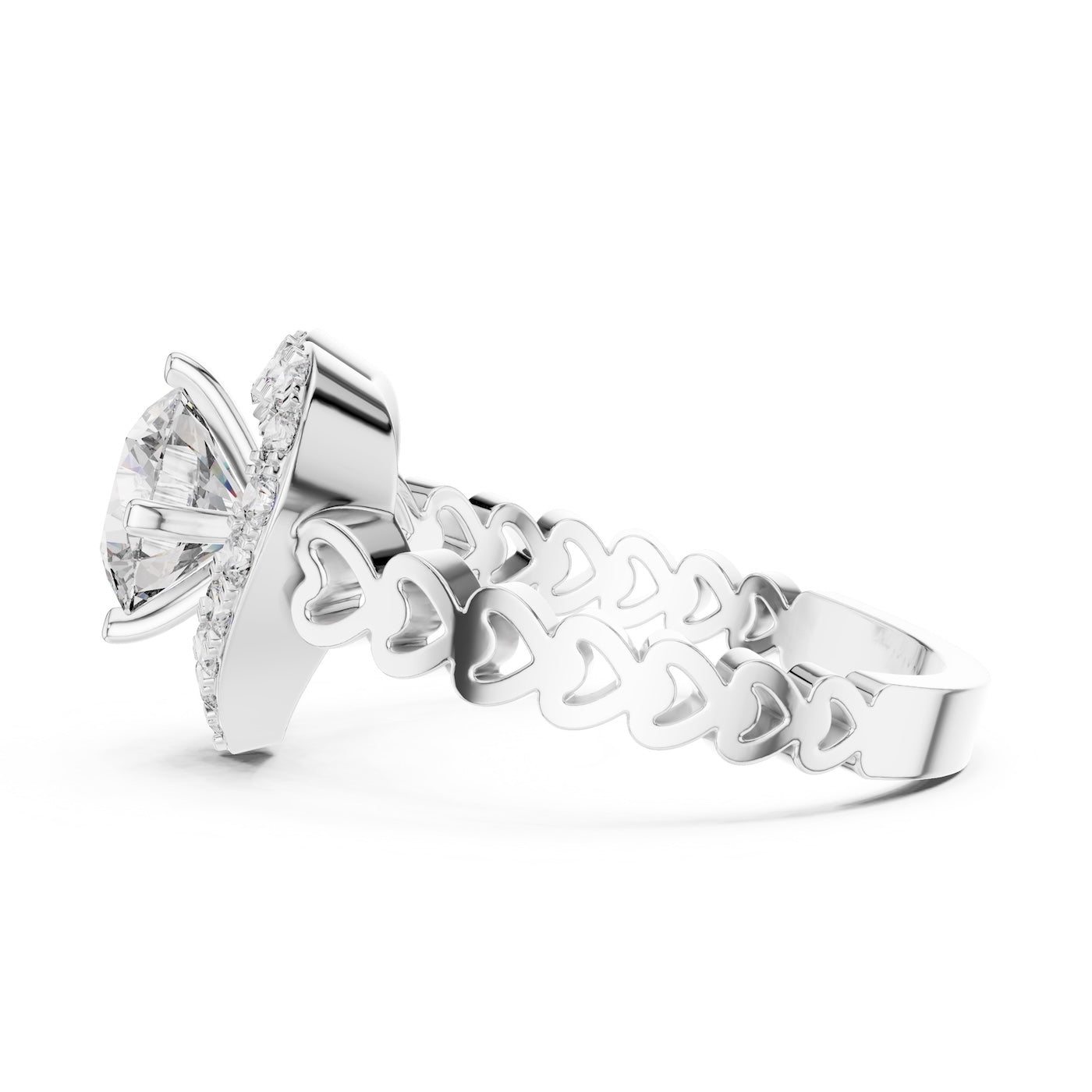 Heart-shaped silver ring with a white background 