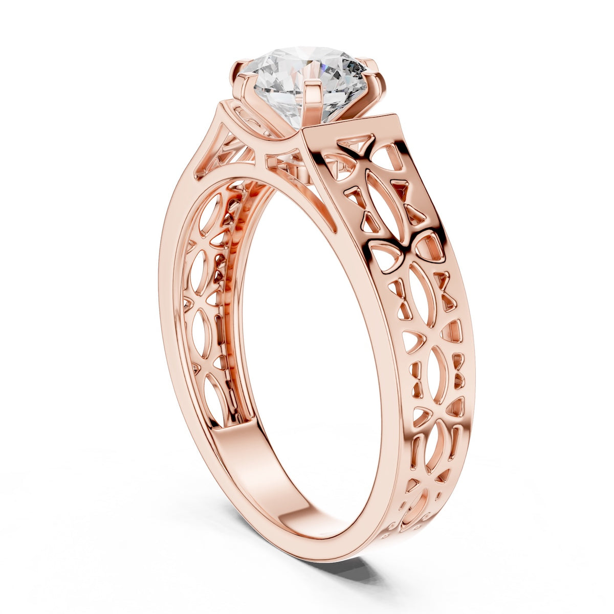 Silver ring with rose-gold plating and a zircon on a white background 