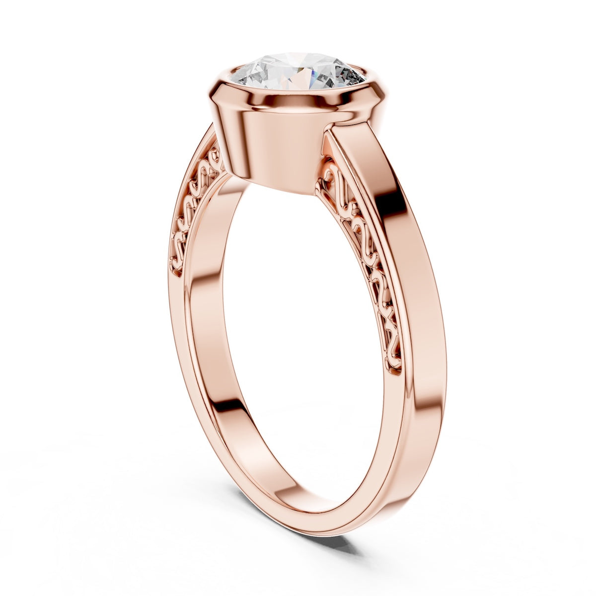 Rose-gold plated Silver ring with a zircon diamond against a white background 