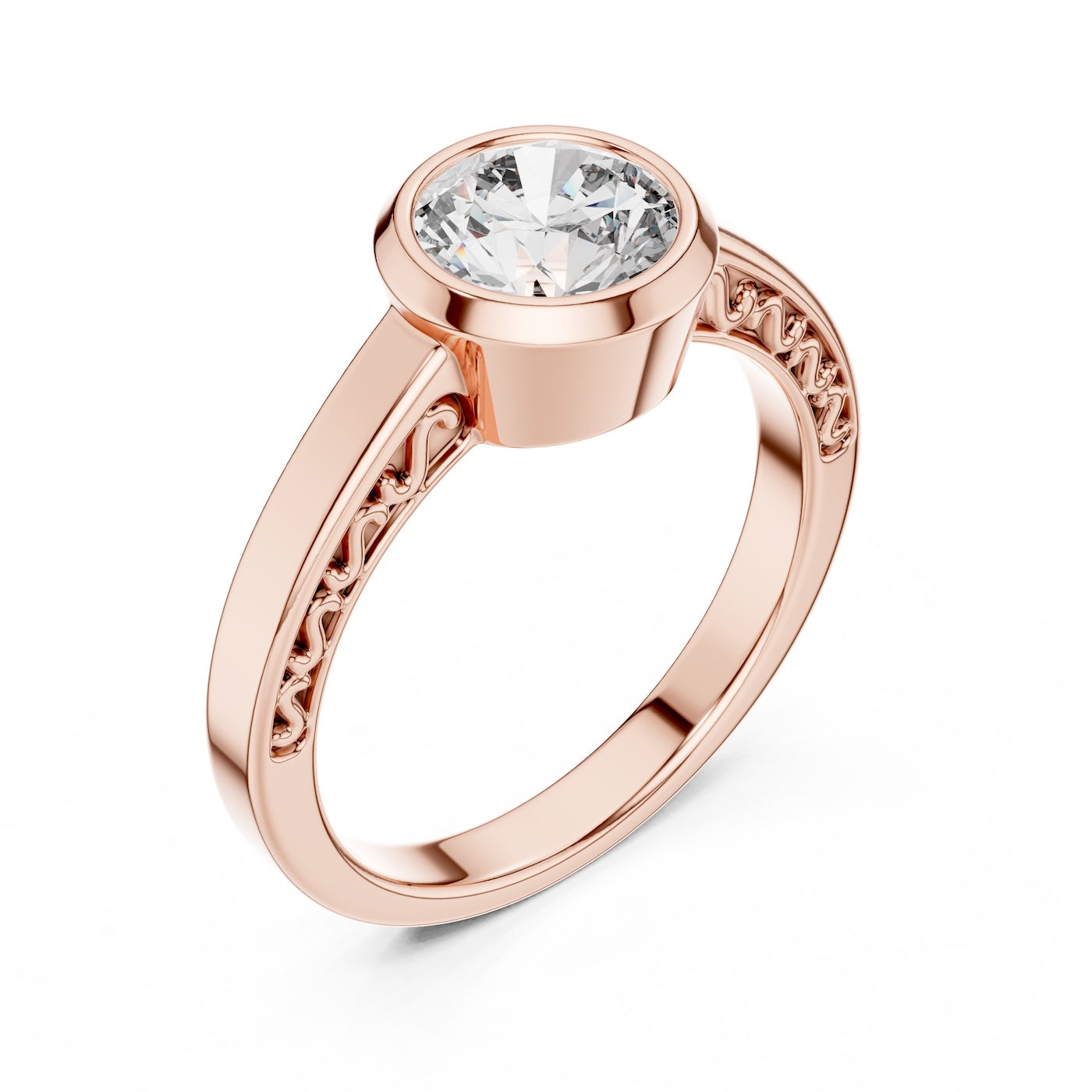 Rose-gold plated Silver ring with a zircon diamond against a white background 