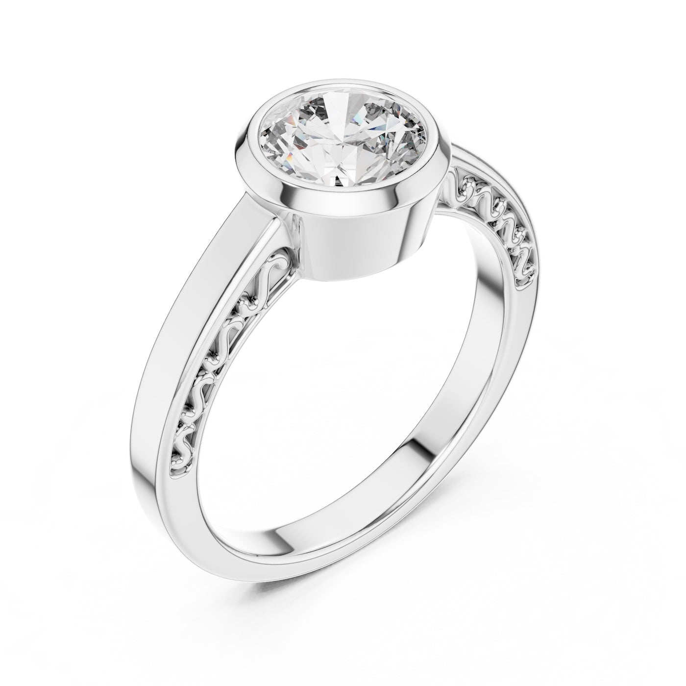 Silver ring with a zircon diamond against a white background 