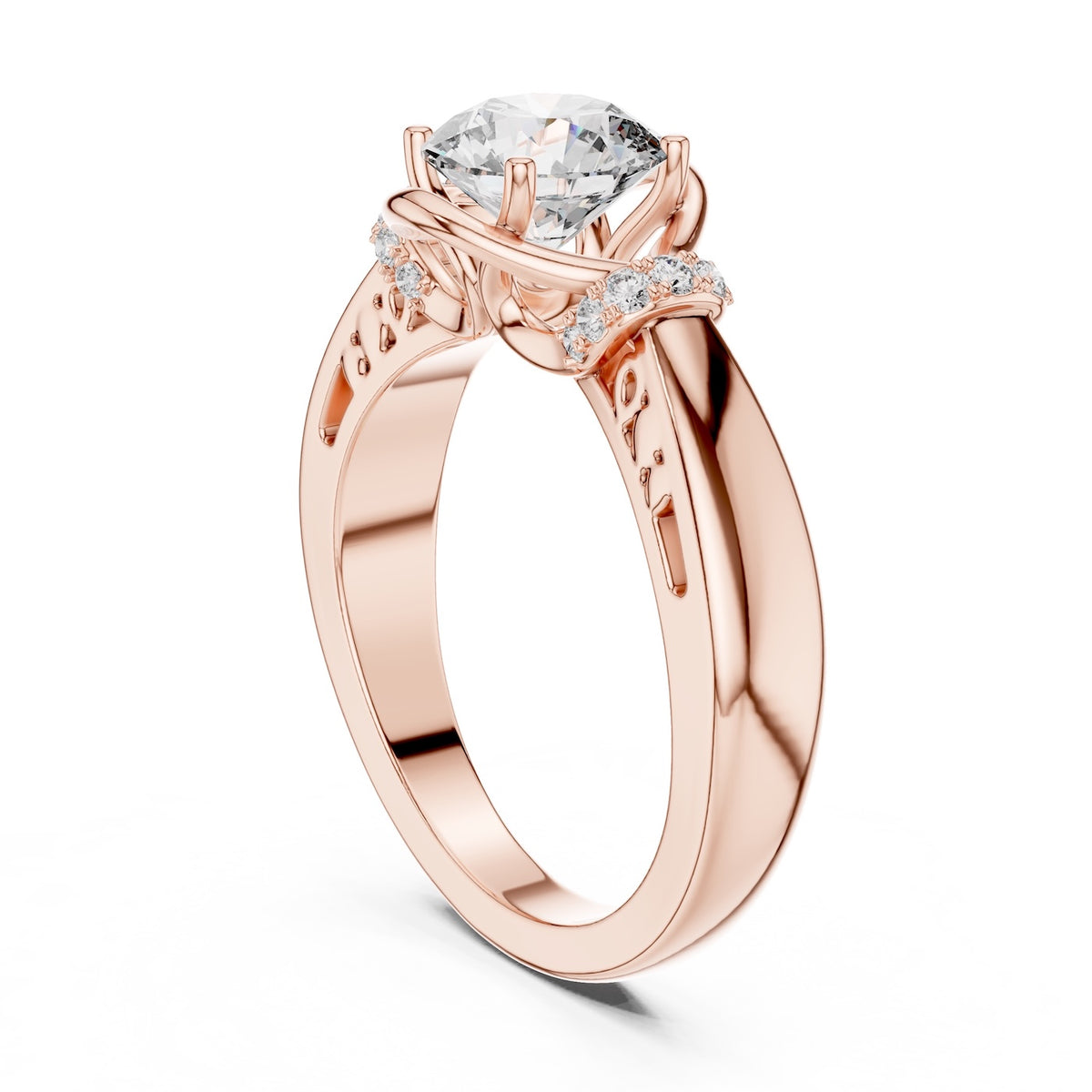 Rose-gold plated Silver ring with a center diamond on a white background 