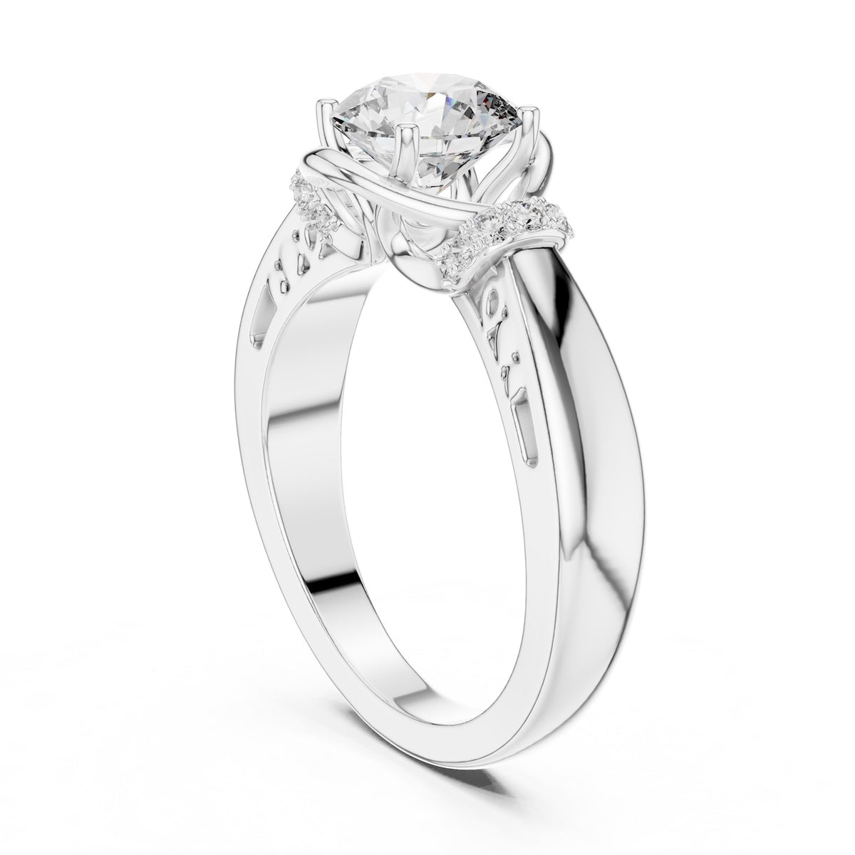 Silver ring with a center diamond on a white background 
