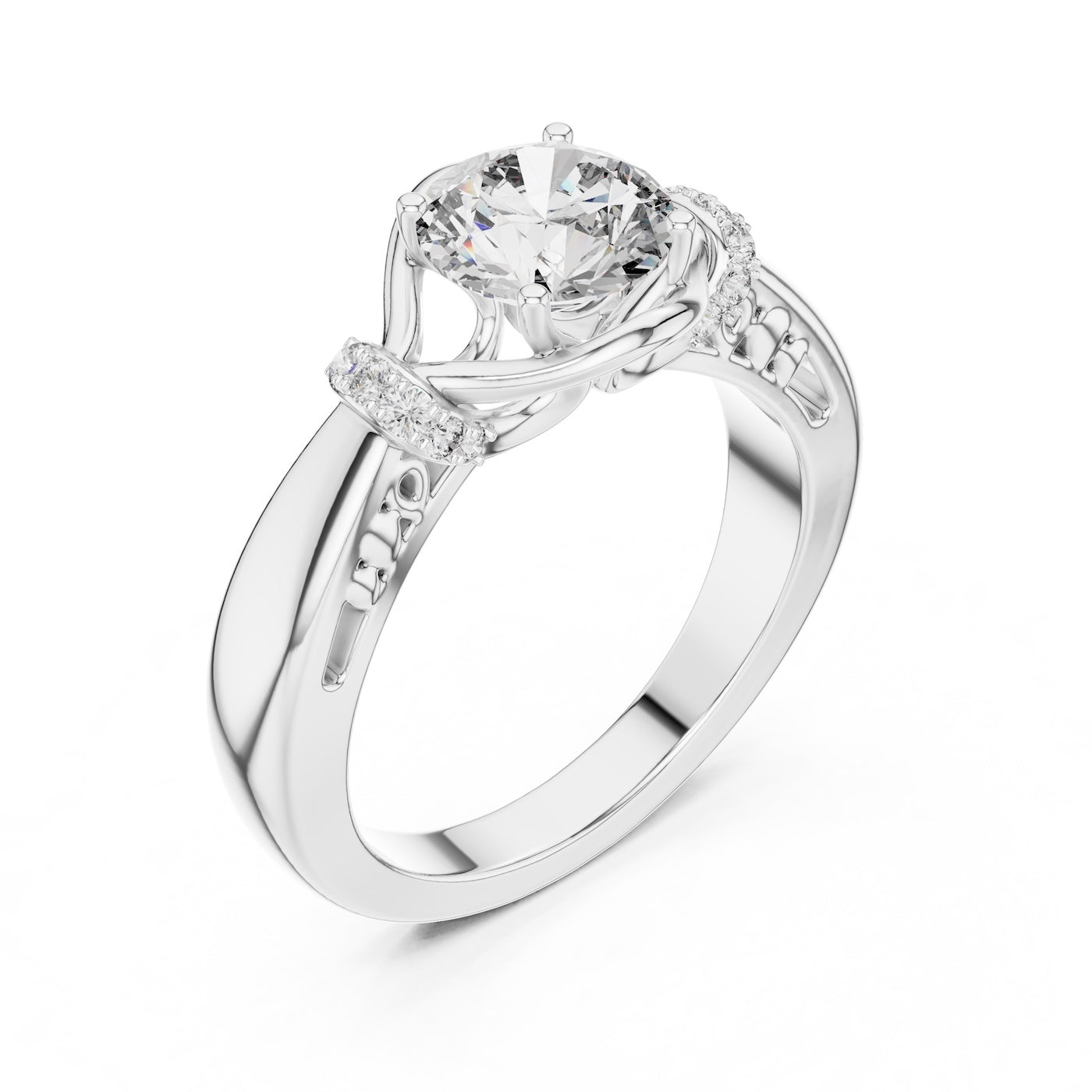 Silver ring with a center diamond on a white background 