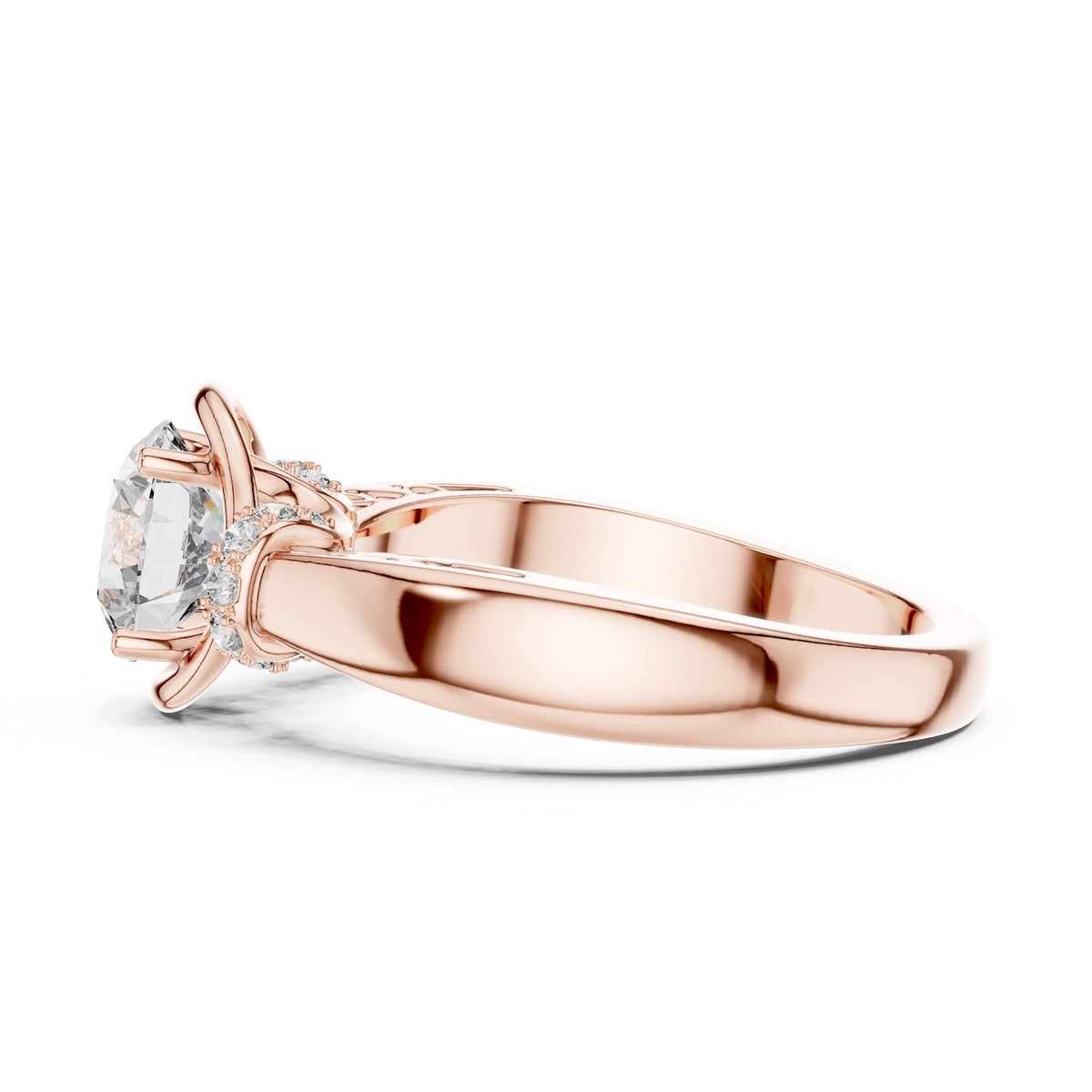 Rose-gold plated Silver ring with a center diamond on a white background 