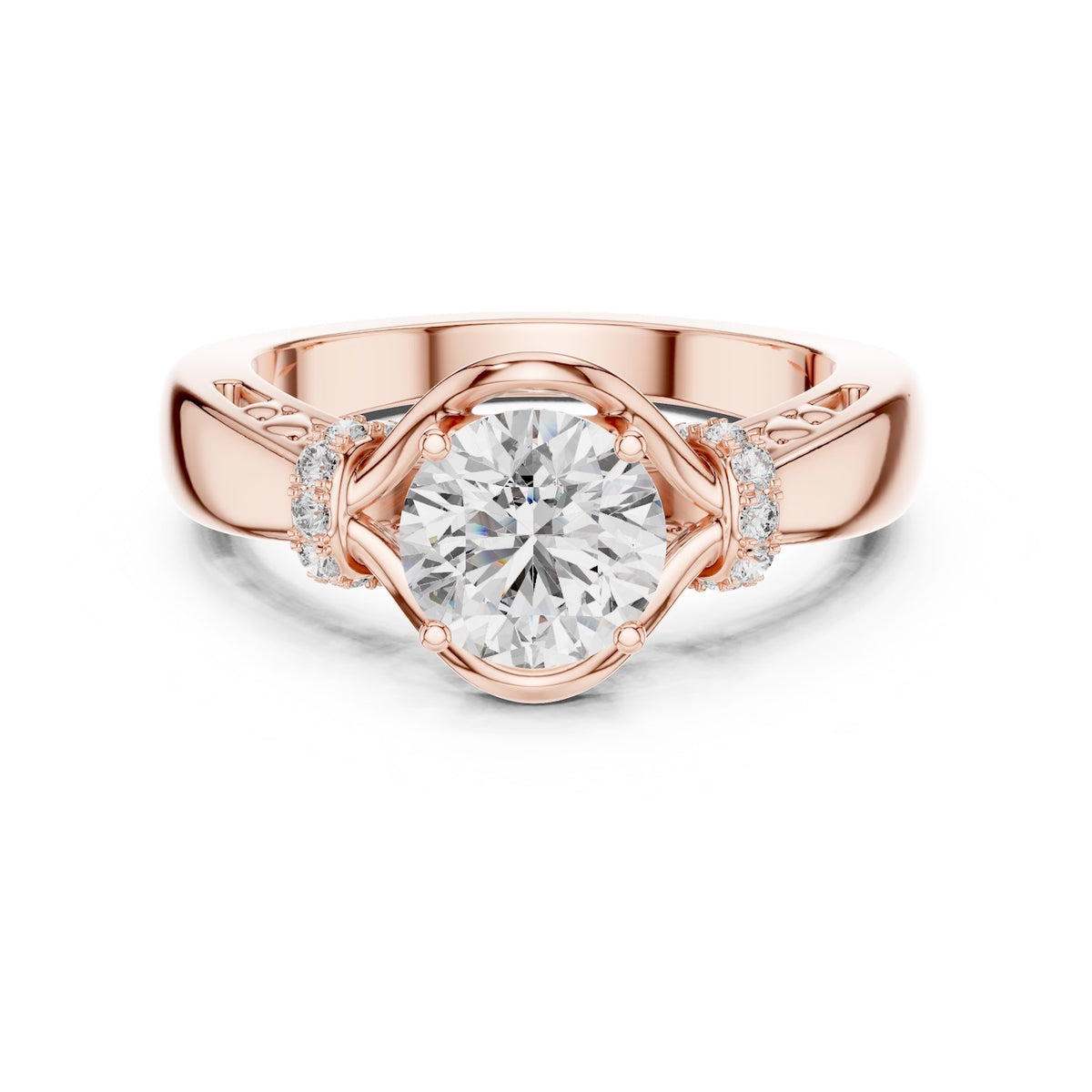 Rose-gold plated Silver ring with a center diamond on a white background 