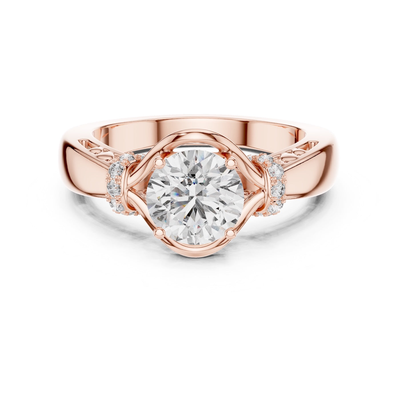 Rose-gold plated Silver ring with a center diamond on a white background 