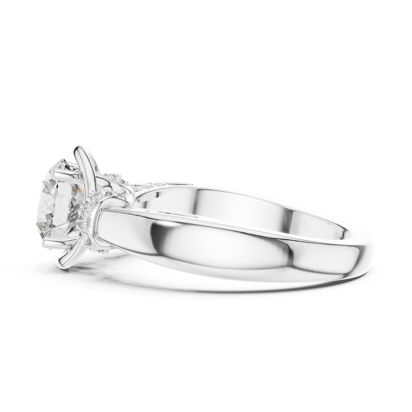 Silver ring with a center diamond on a white background 