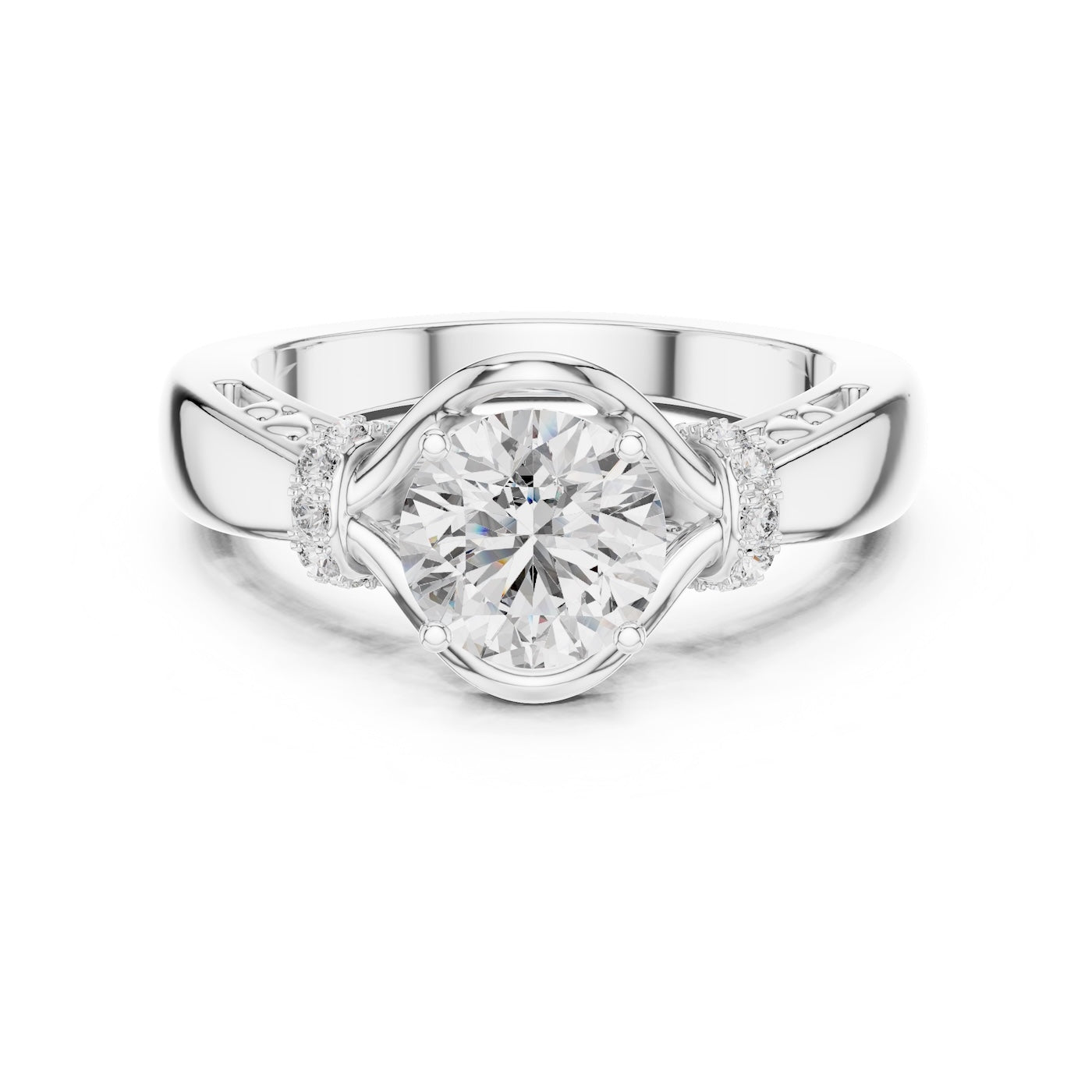 Silver ring with a center diamond on a white background 